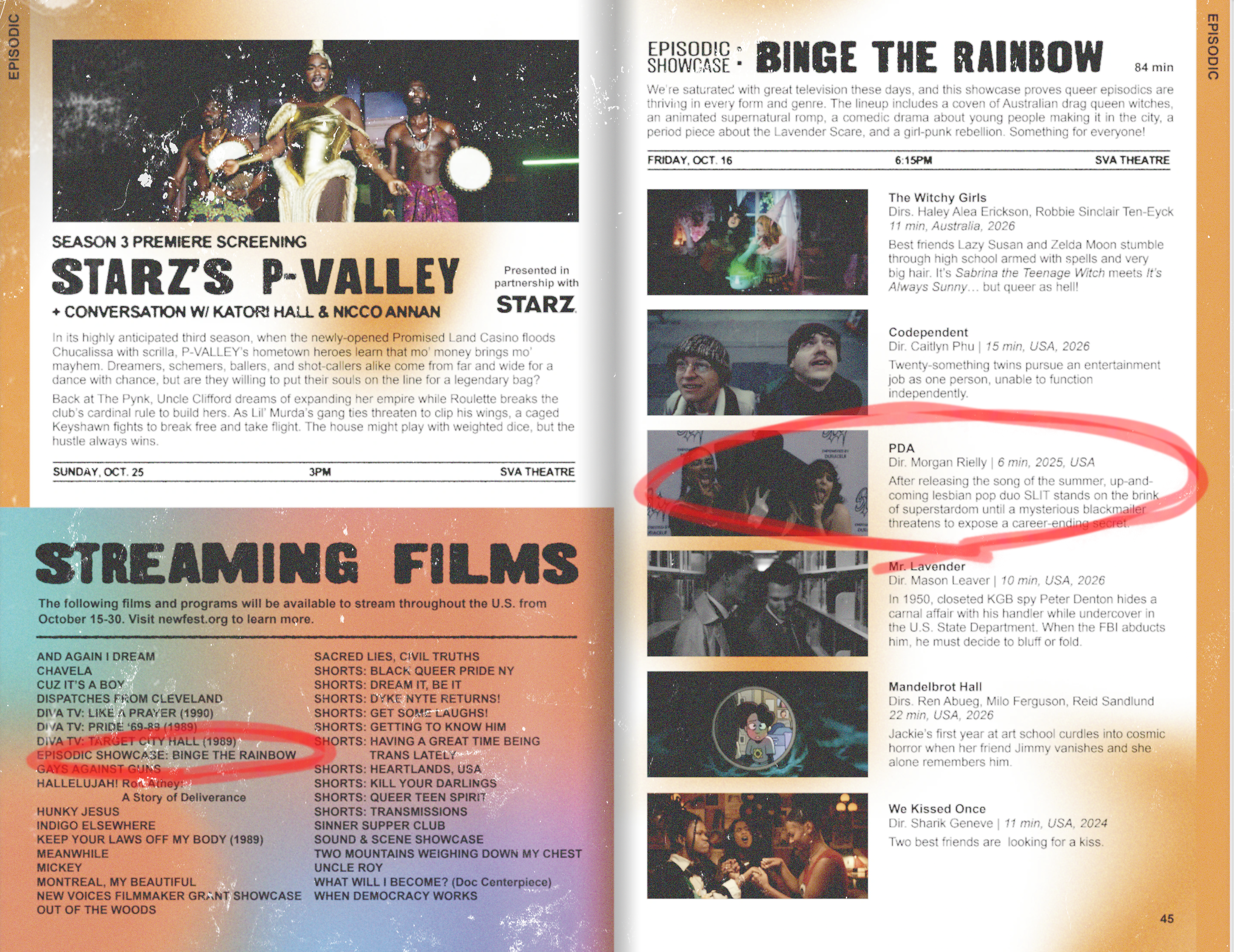 A page from a program listing upcoming films and TV shows, with a section about streaming films and a list of titles including 'Gays Against Guns', 'Hunky Jesus', and 'Out of the Woods.' The page also features a directory of films with descriptions and two photographs, one of a group of friends and one of a woman with a dog.