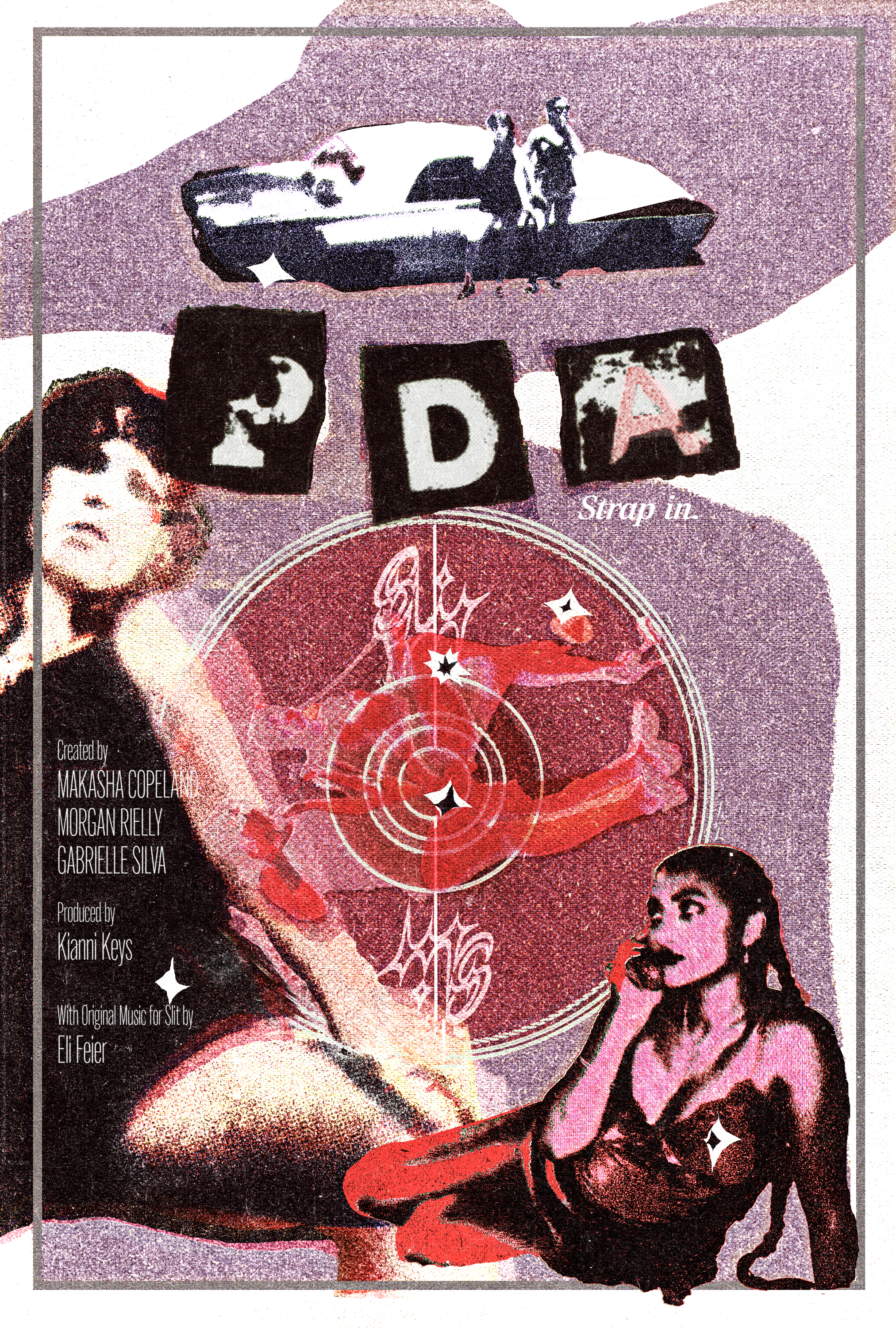 A vintage-style poster with a woman in a dress, pointing to the right, and a man in a suit and tie, both with surprised expressions. The poster features a radar screen with a star at the center and various design elements. The text reads "RADAR" with a subtitle "Strap in." The poster credits creators Makasha Copeland, Morgan Reilly, and Gabrielle Silva, produced by Kianni Keys, with original music by Eli Feier.