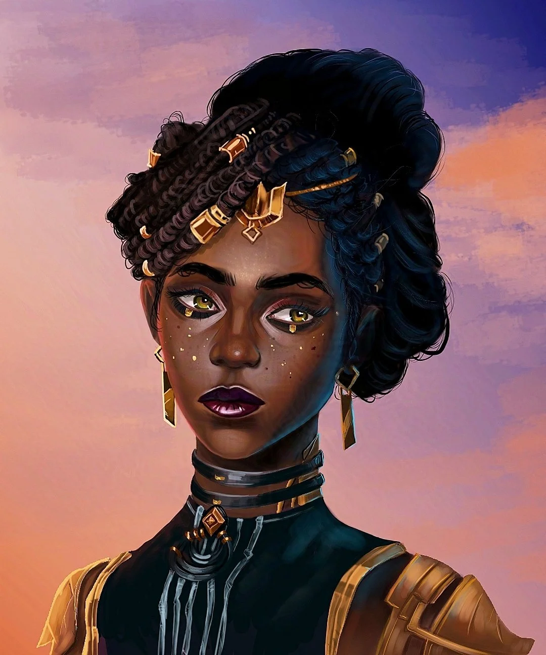 Digital art portrait of a woman with dark skin and gold accents in her hair, makeup, and jewelry, against a pastel sunset sky background.