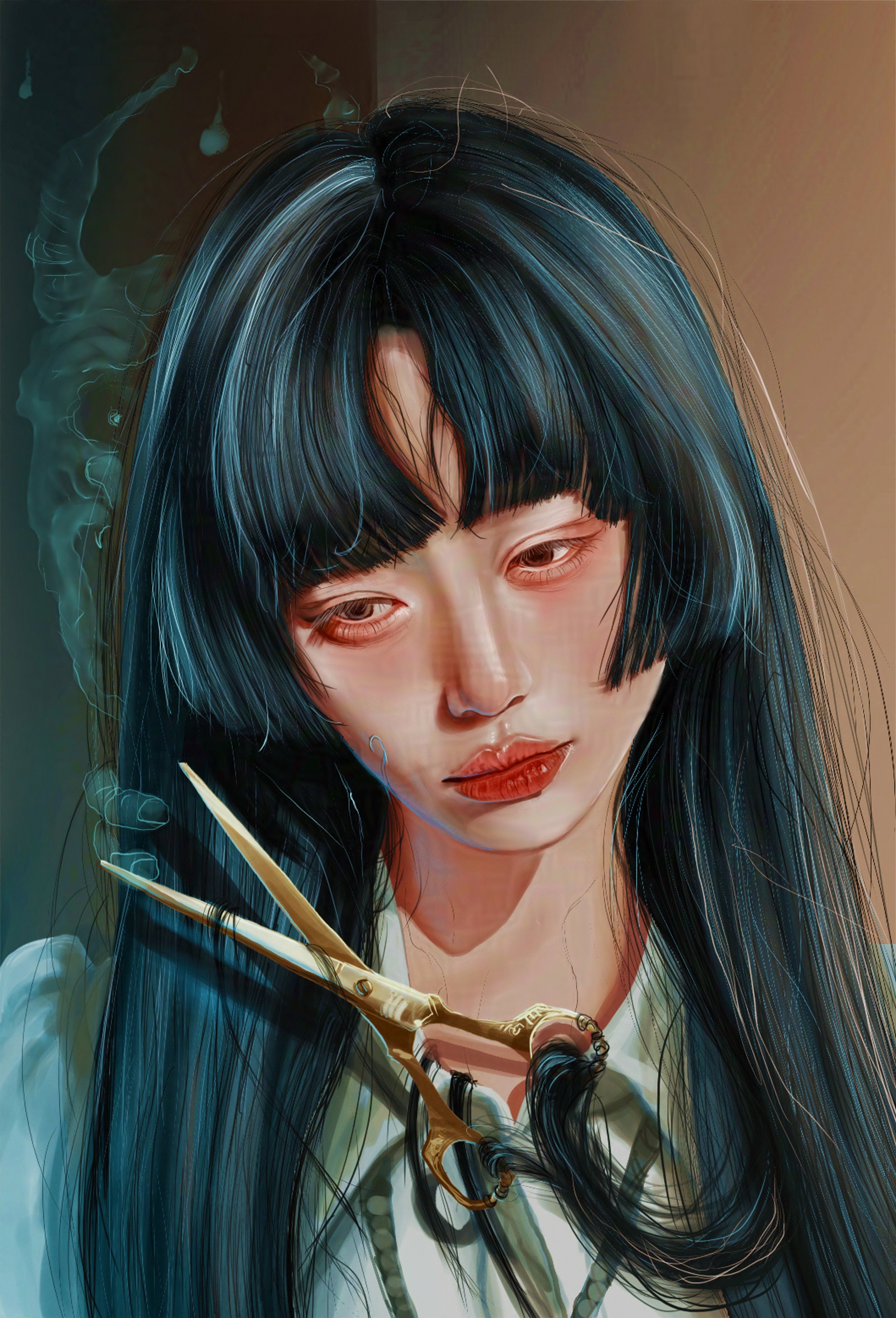 Digital artwork of a young woman with long, dark hair and bangs, wearing a white shirt and holding a small, ornate sword.