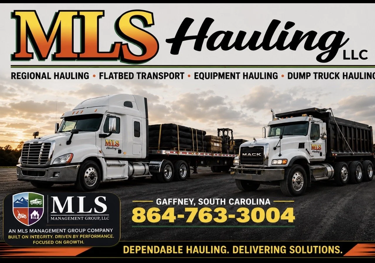 MLS Hauling branded fleet artwork with flatbed and dump trucks, Gaffney, South Carolina, 864-763-3004.
