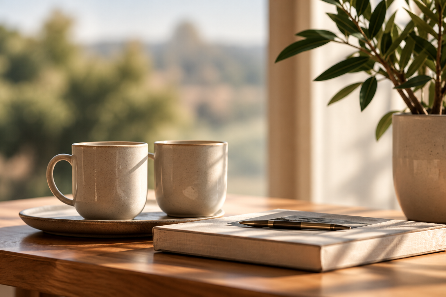Two ceramic coffee mugs on a tray beside a notebook and pen on a sunlit wooden table, with a potted plant by the window.
