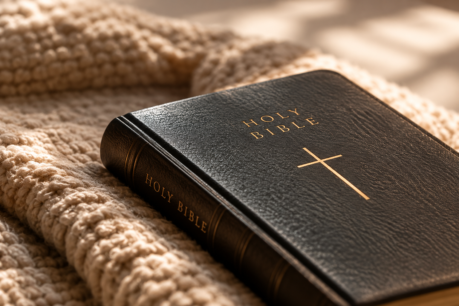 Closed black leather Holy Bible with a gold cross resting on a cream knitted blanket