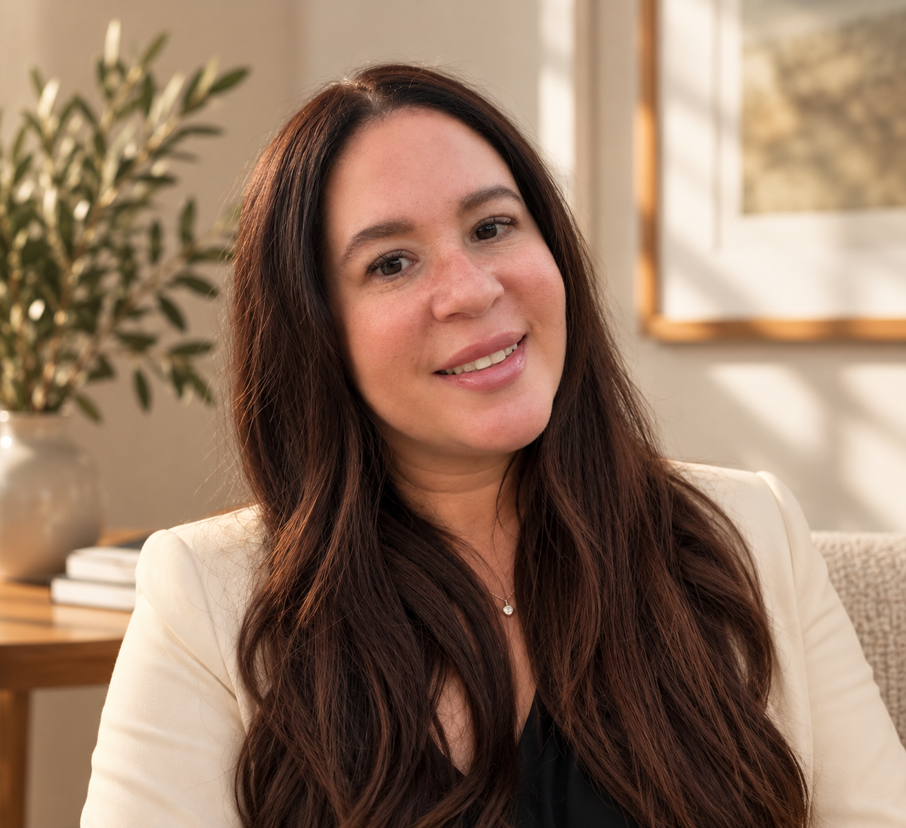 Smiling woman with long brown hair wearing a white blazer and necklace in a warmly lit living room