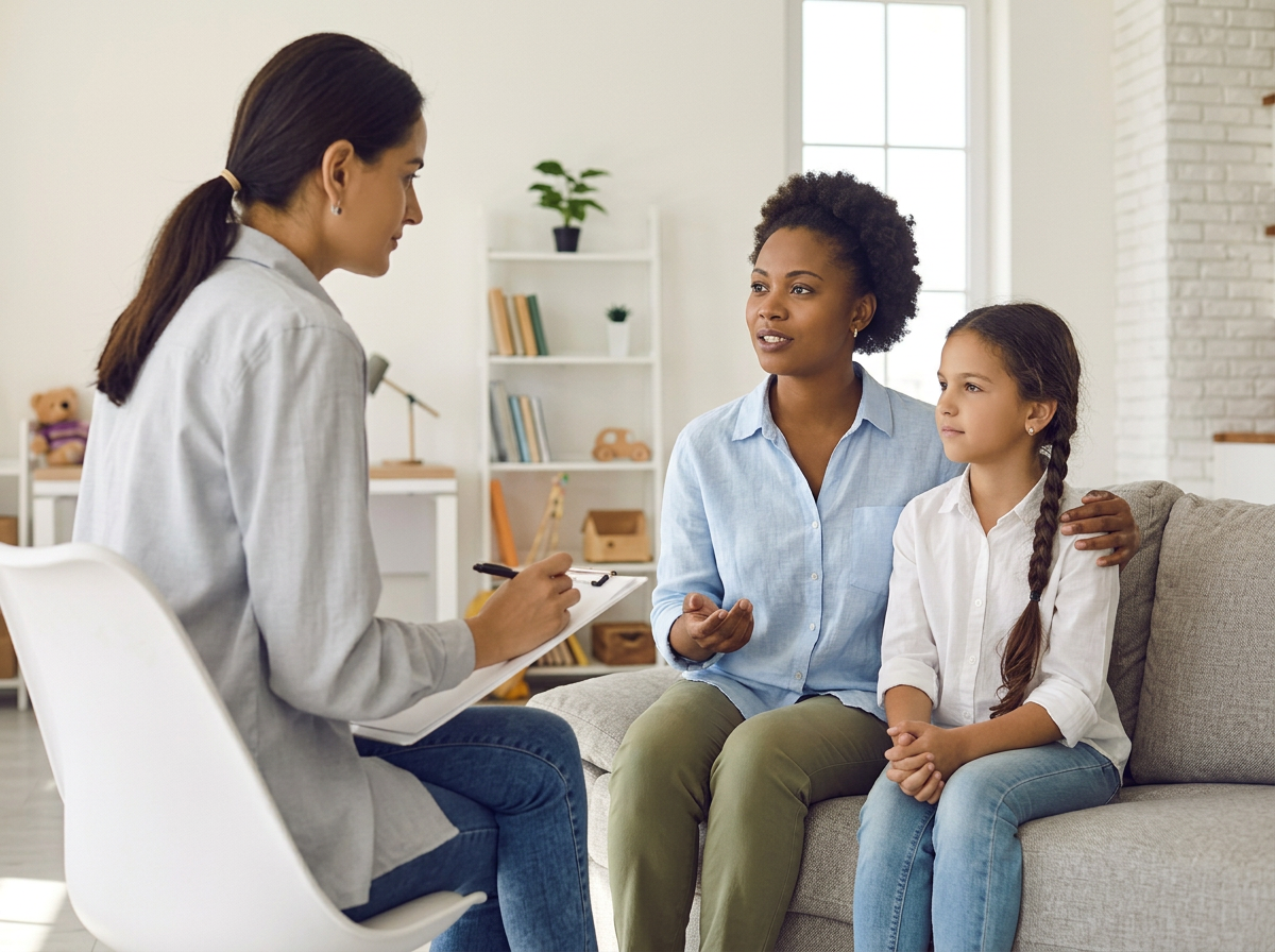 A woman and a young girl sitting on a couch having a conversation with a female counselor or therapist during a session in a well-lit living room.