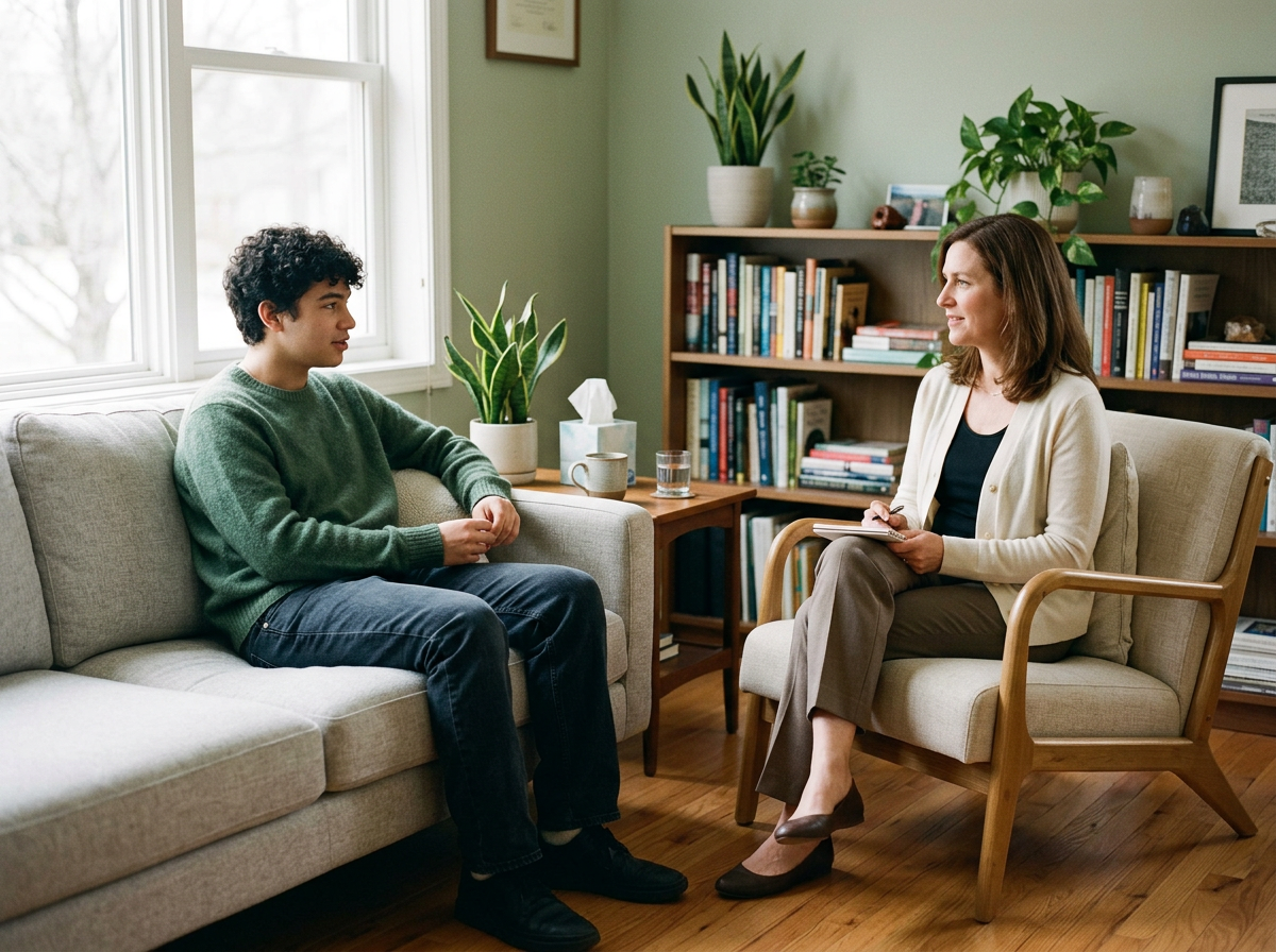 A therapy session showing a young man talking to a female therapist in a cozy, well-lit office with plants, books, and framed artwork.