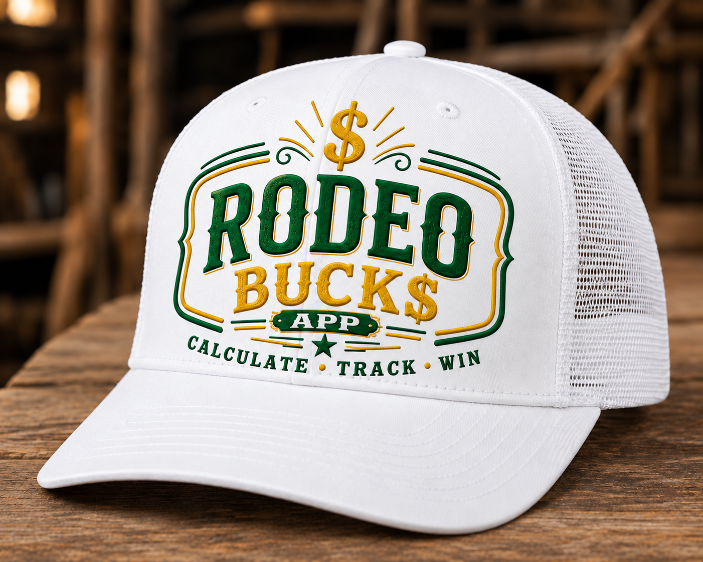 White Salt & Stitch Co. trucker hat with the colorful Rodeo Bucks logo.