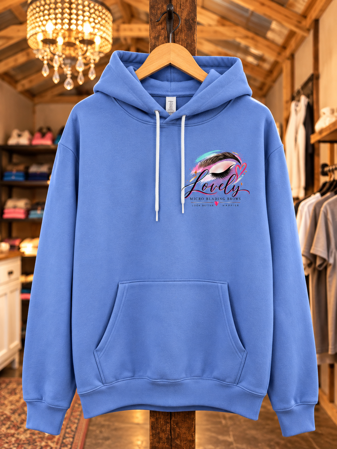 Blue custom pullover hoodie with a small multicolor logo on the chest.