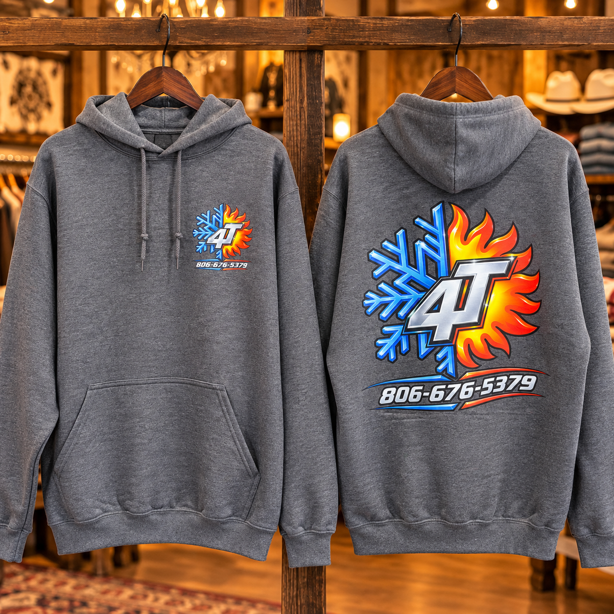 Gray custom hoodie with a snowflake and flame logo featuring the number 4.7.