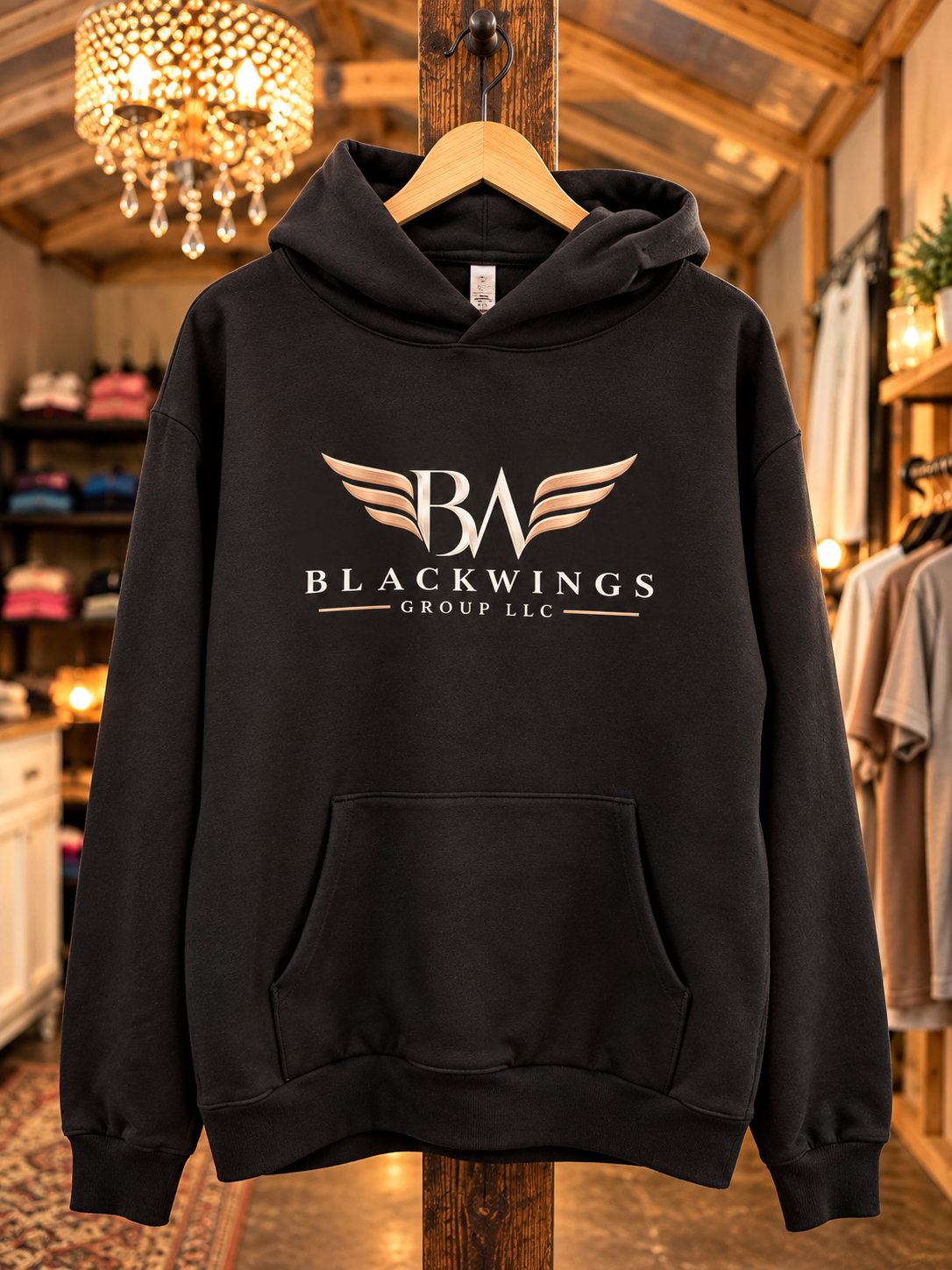 Custom logo apparel created for Blackwings Group LLC. We can turn your business logo into shirts, hoodies, hats, and more.