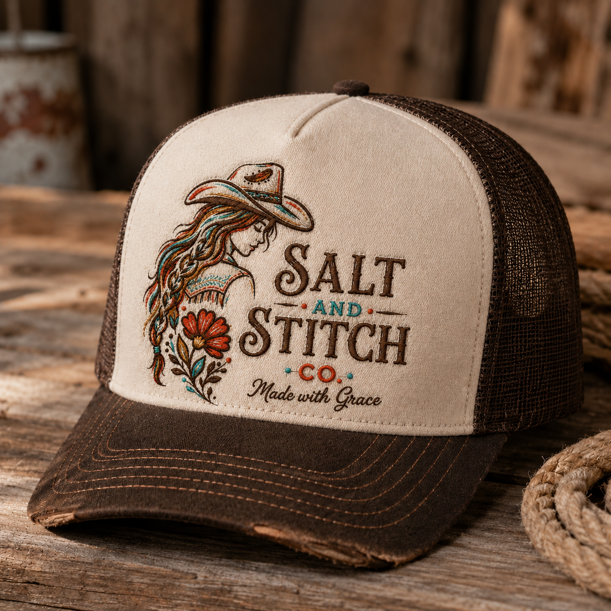 Salt & Stitch Co. embroidered logo trucker hat with a cream front and brown mesh back.