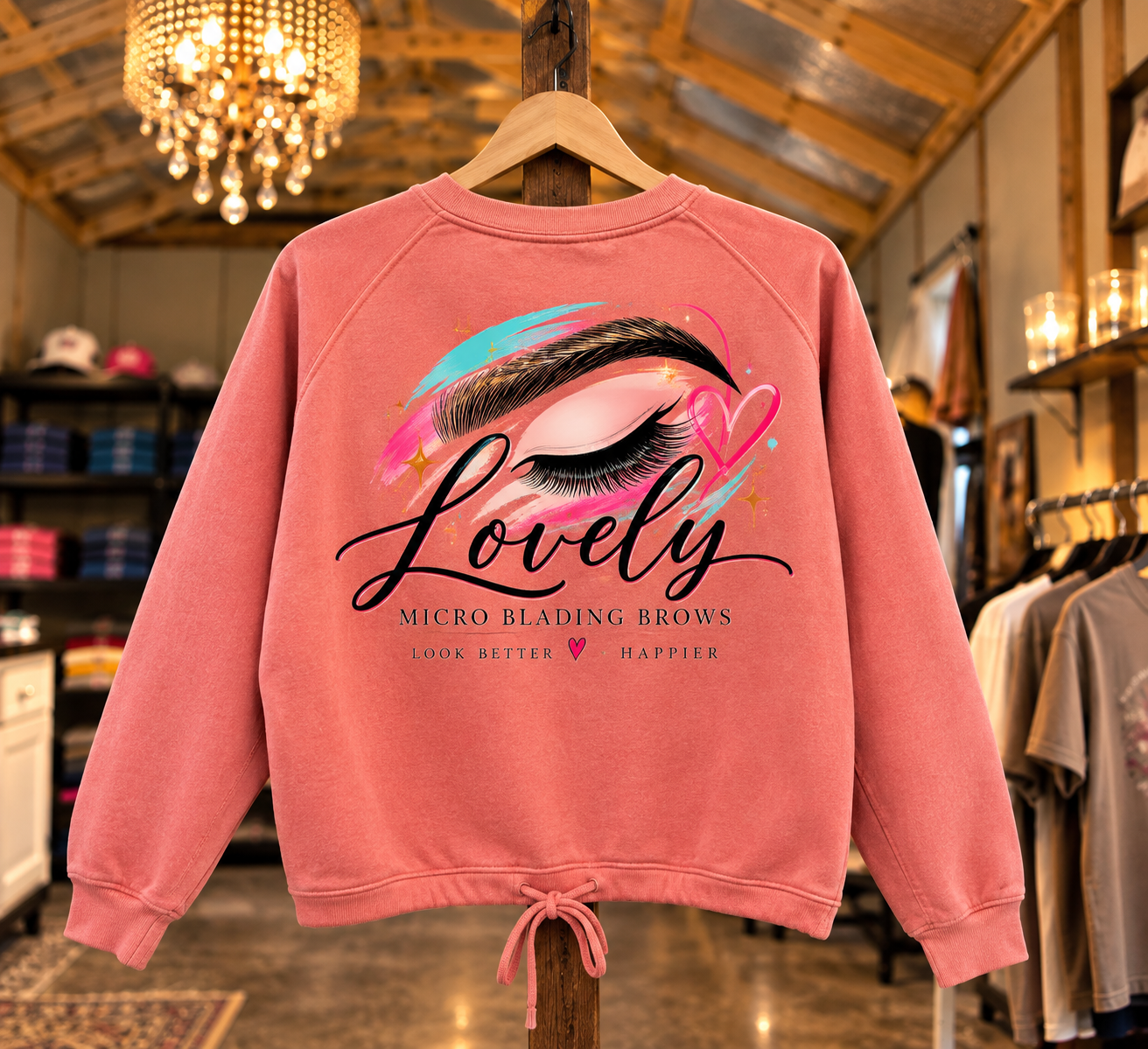 Pink custom pullover hoodie featuring a dark script logo for a beauty business.