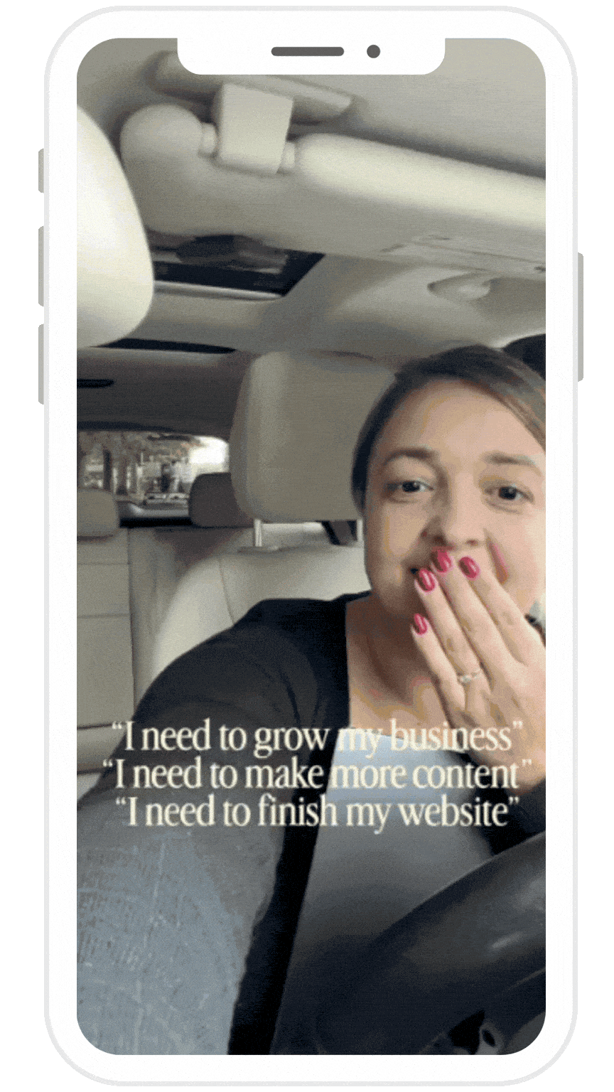 A woman sitting in the backseat of a car, with her hand near her mouth showing her nails. Text overlay reads: "I need to grow my business," "I need to make more content," and "I need to finish my website."