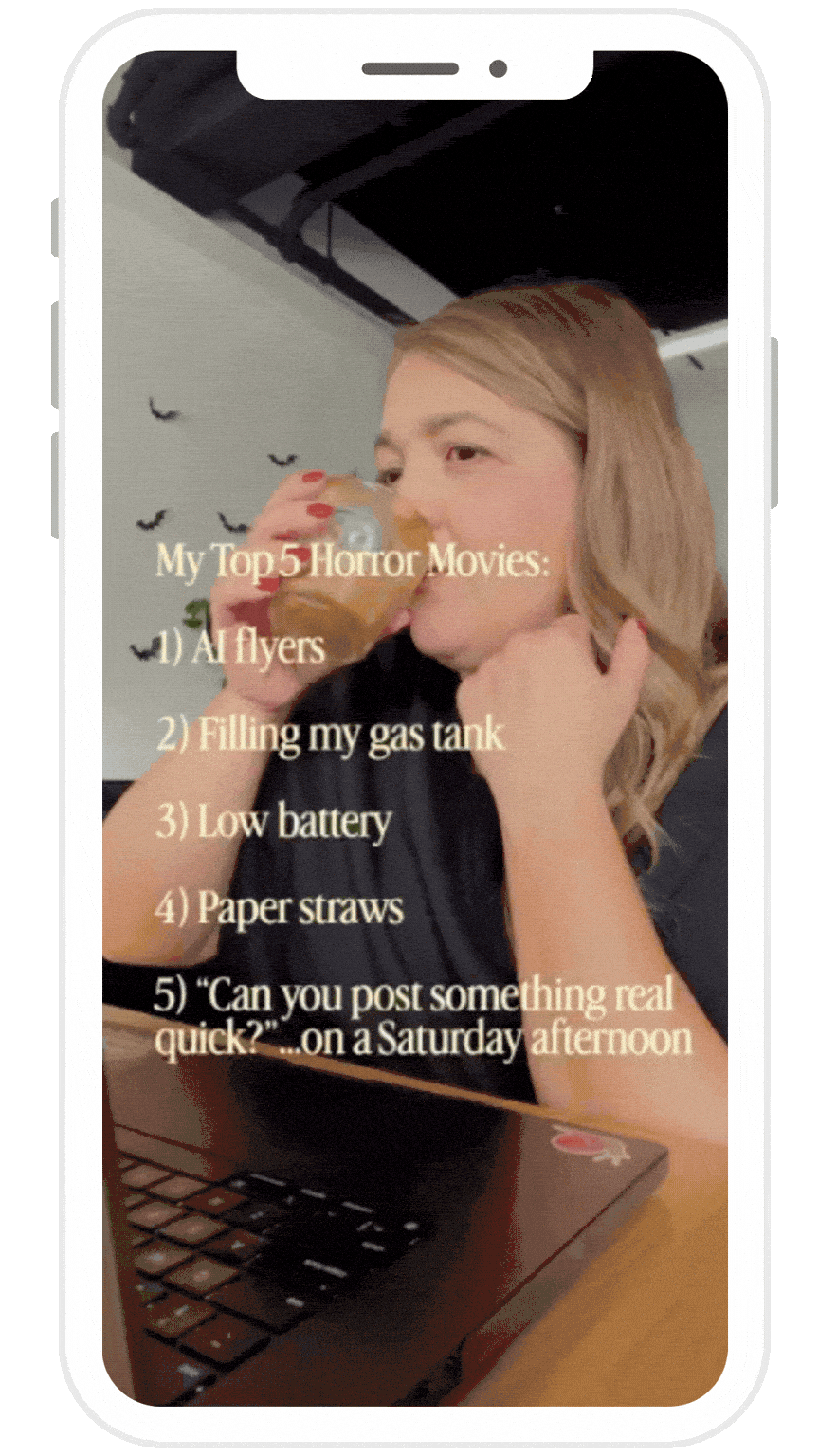 A woman with blonde hair drinking from a glass in an indoor setting, overlaid with text listing her top five favorite horror movies and a humorous quote about posting something real on Saturday afternoon.
