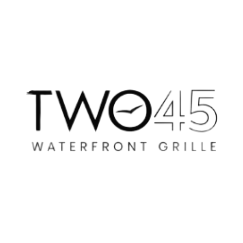 Logo for Two 45 Waterfront Grille with a stylized fish inside the number 0