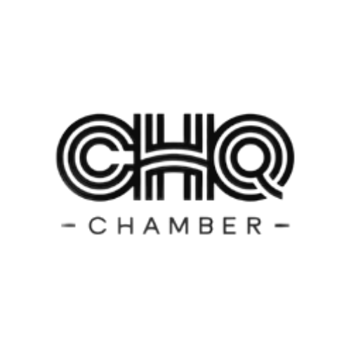 Black and white logo with the words 'Chamber' underneath a circular design.