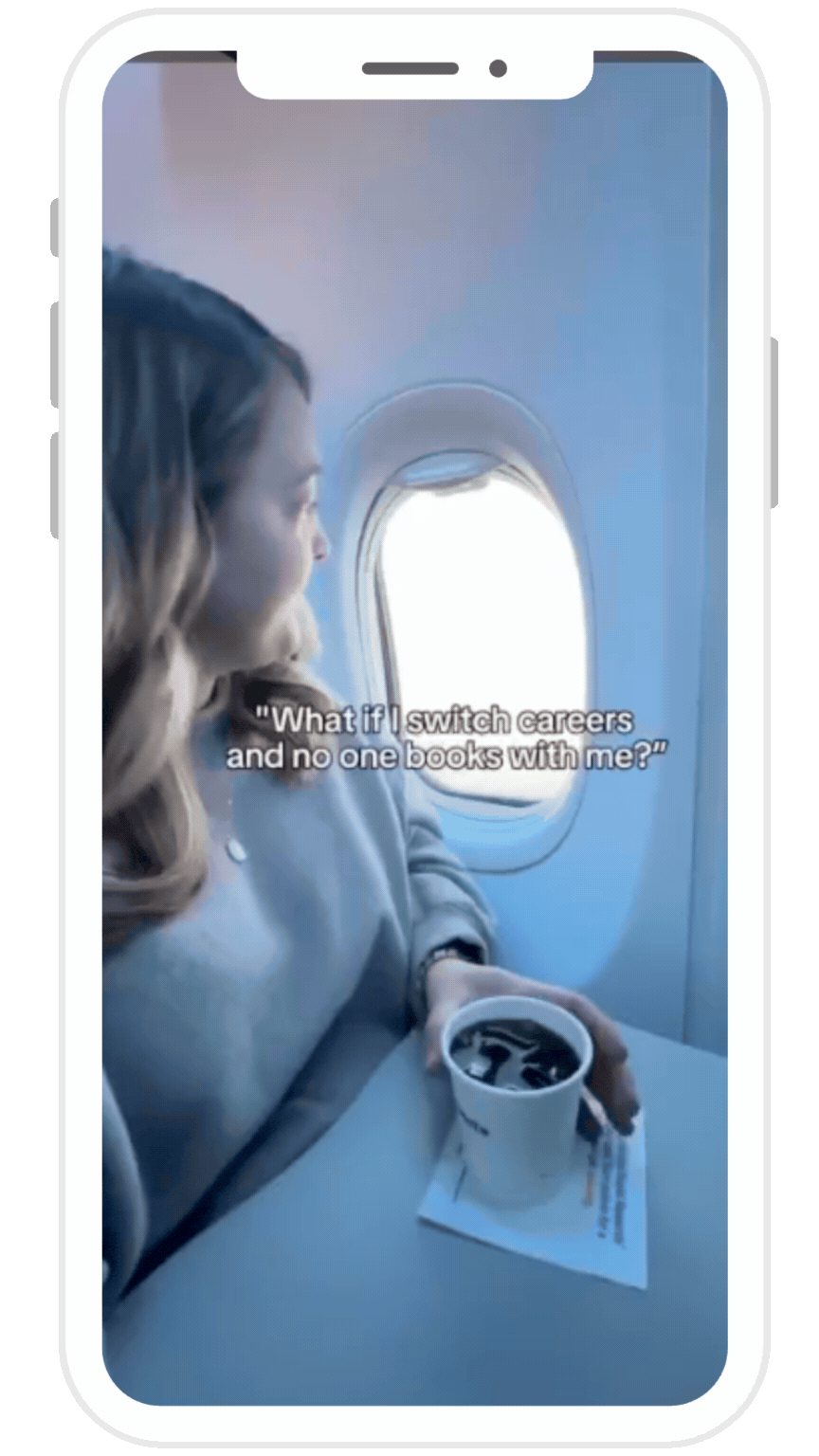Woman sitting on an airplane looking out the window, holding a cup of coffee, with a caption that reads "What if I switch careers and no one books with me?"