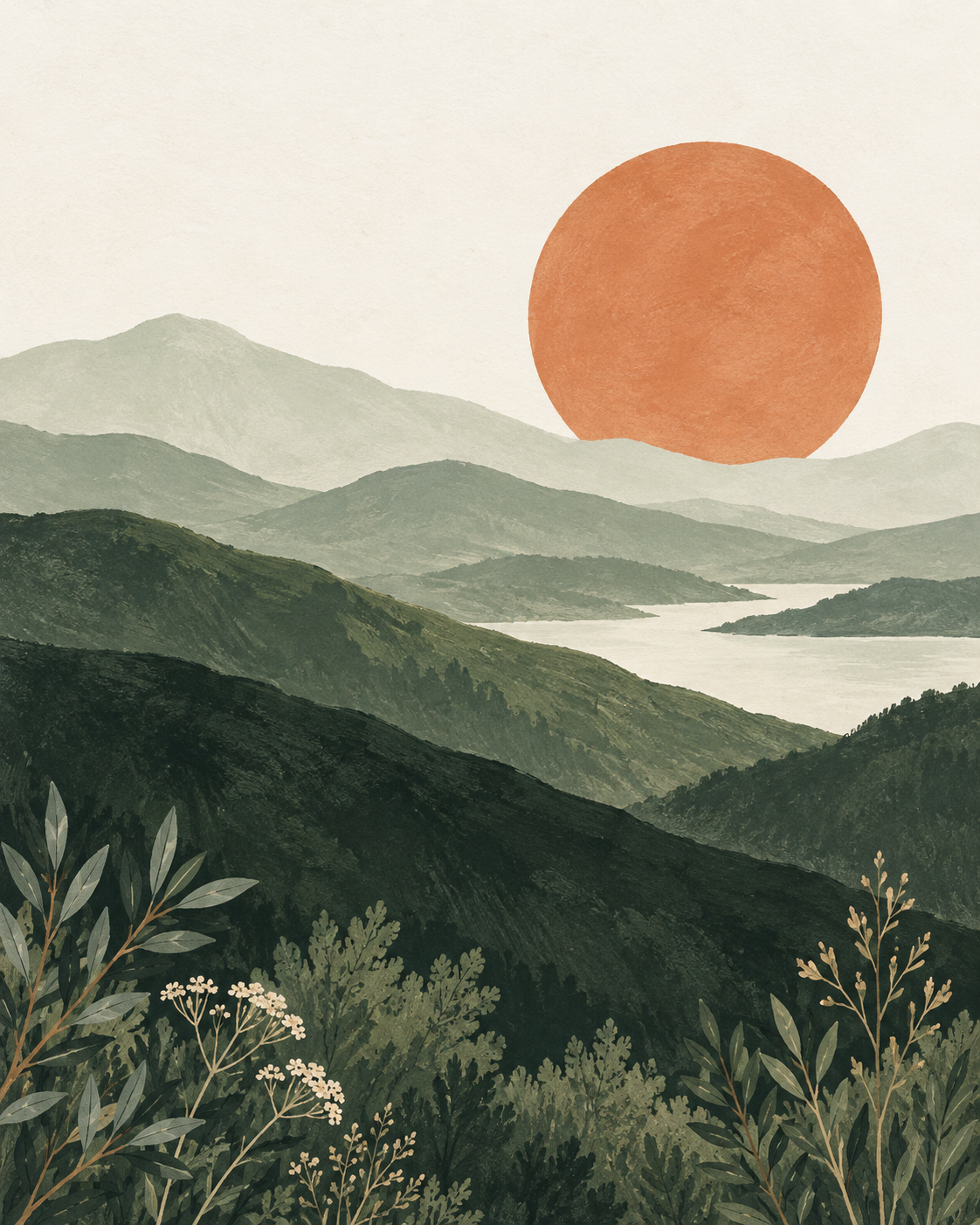 Abstract landscape with terracotta sun, layered green hills, and botanical details