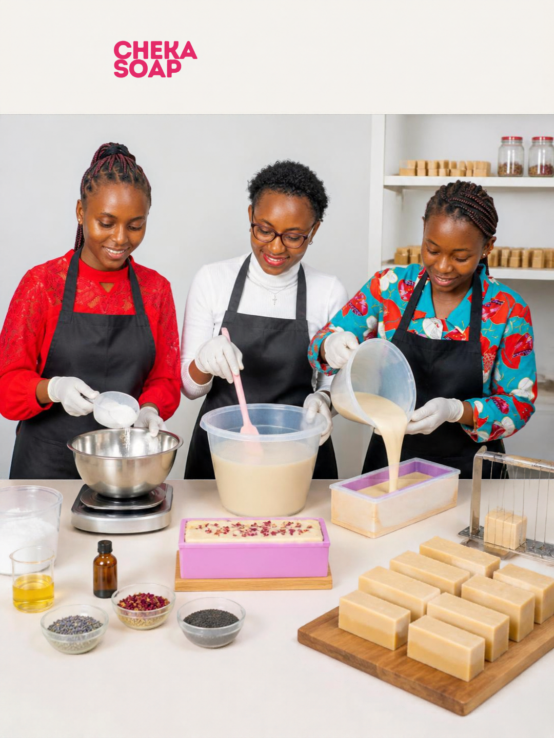 Three women in aprons making soap together in a kitchen setting with soap bars, ingredients, and tools on the counter.