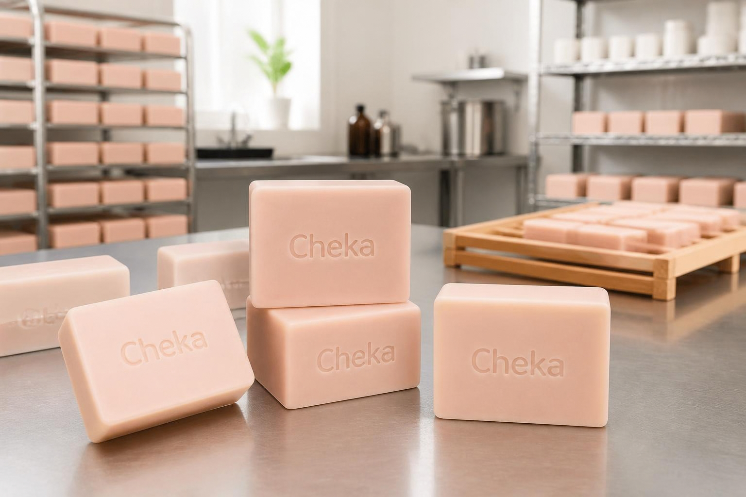 Stacks of pale pink soap with 'Cheka' engraved on them, in a soap-making workshop
