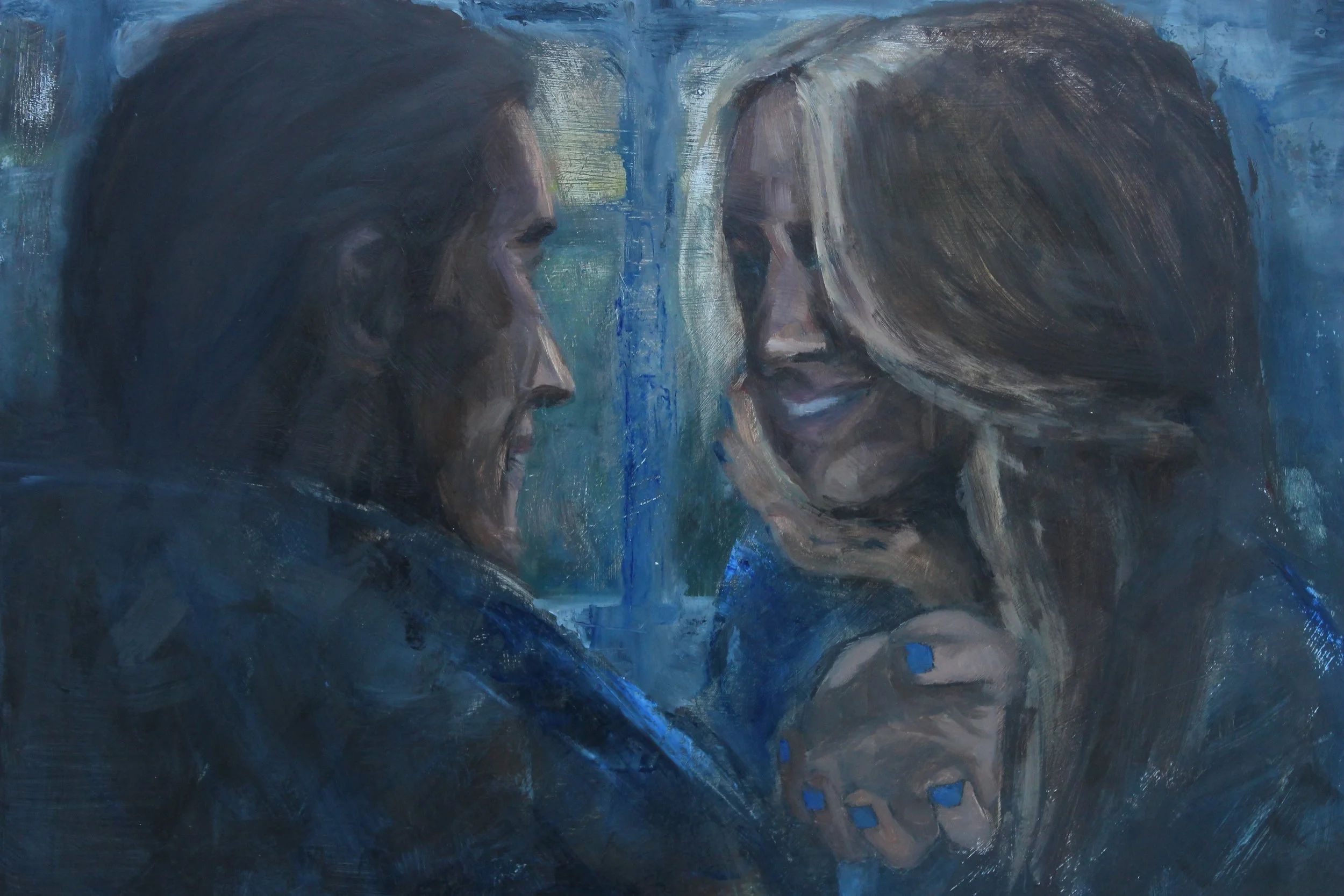 Painting of two women facing each other with their foreheads touching, with a blue and green abstract background.