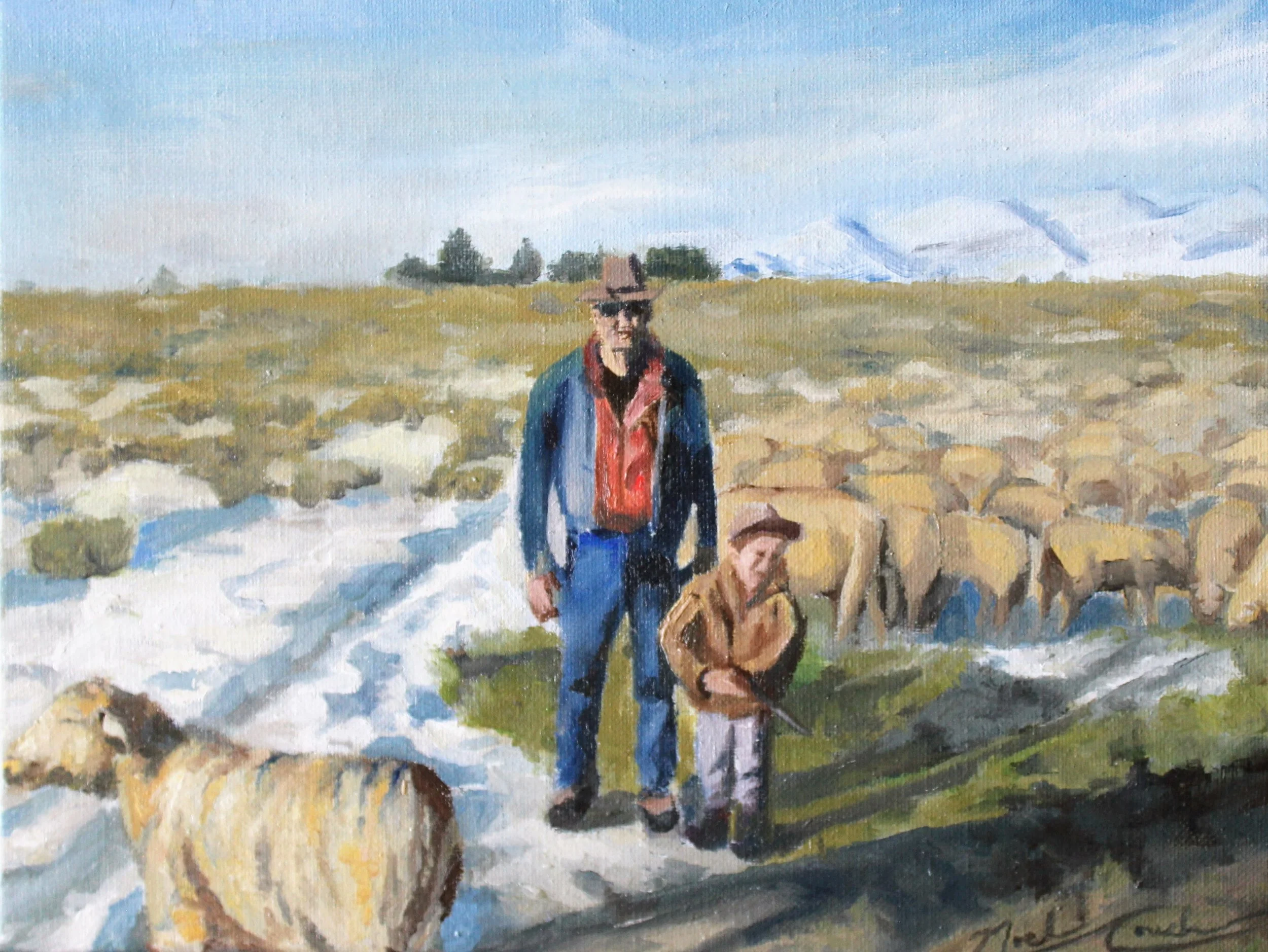 A painting of a person wearing a cowboy hat, blue coat, and red shirt, standing outdoors in a rocky, grassy area with two children, all with mountains and sky in the background.