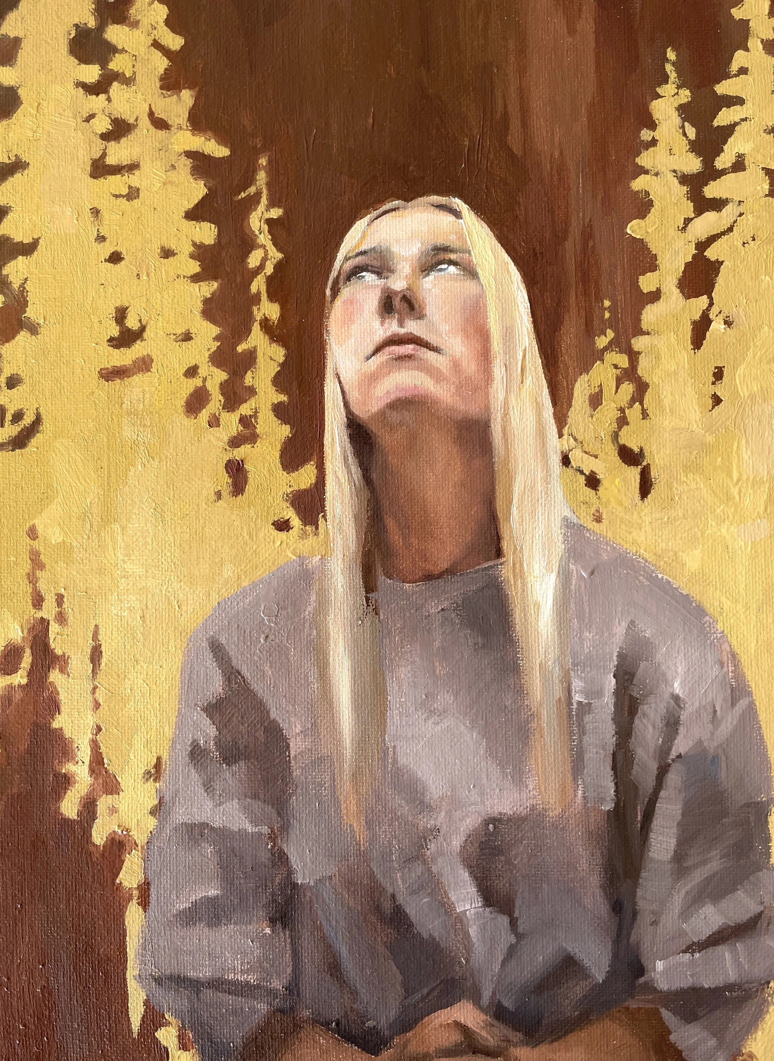An oil painting of a woman with long blonde hair, looking upward with her head slightly tilted back. The background features abstract golden-yellow and brown textured strokes.