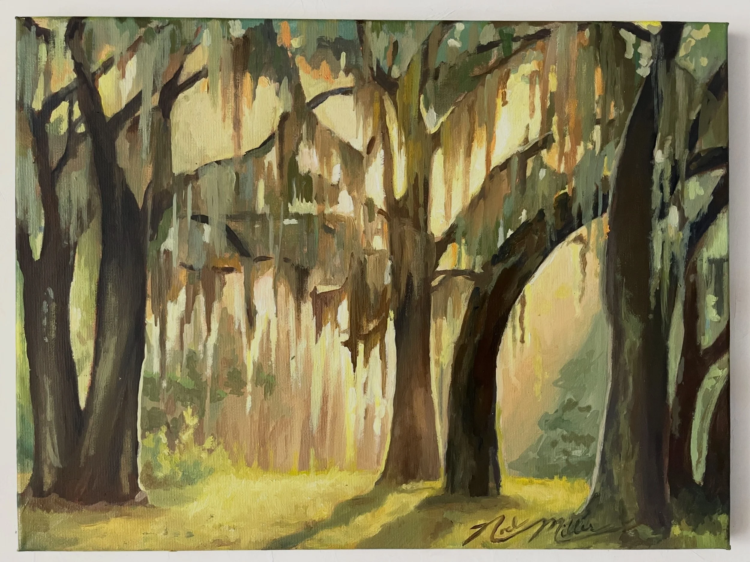 A painting depicting a dense forest scene with tall trees, sunlit clearing, and abstract impressionistic use of green, brown, yellow, and black colors.