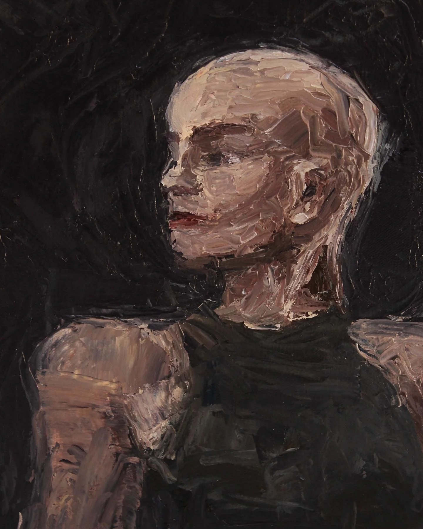 An abstract painting of a person with a bald head, looking to the side, against a dark background, painted with thick brushstrokes in flesh tones.