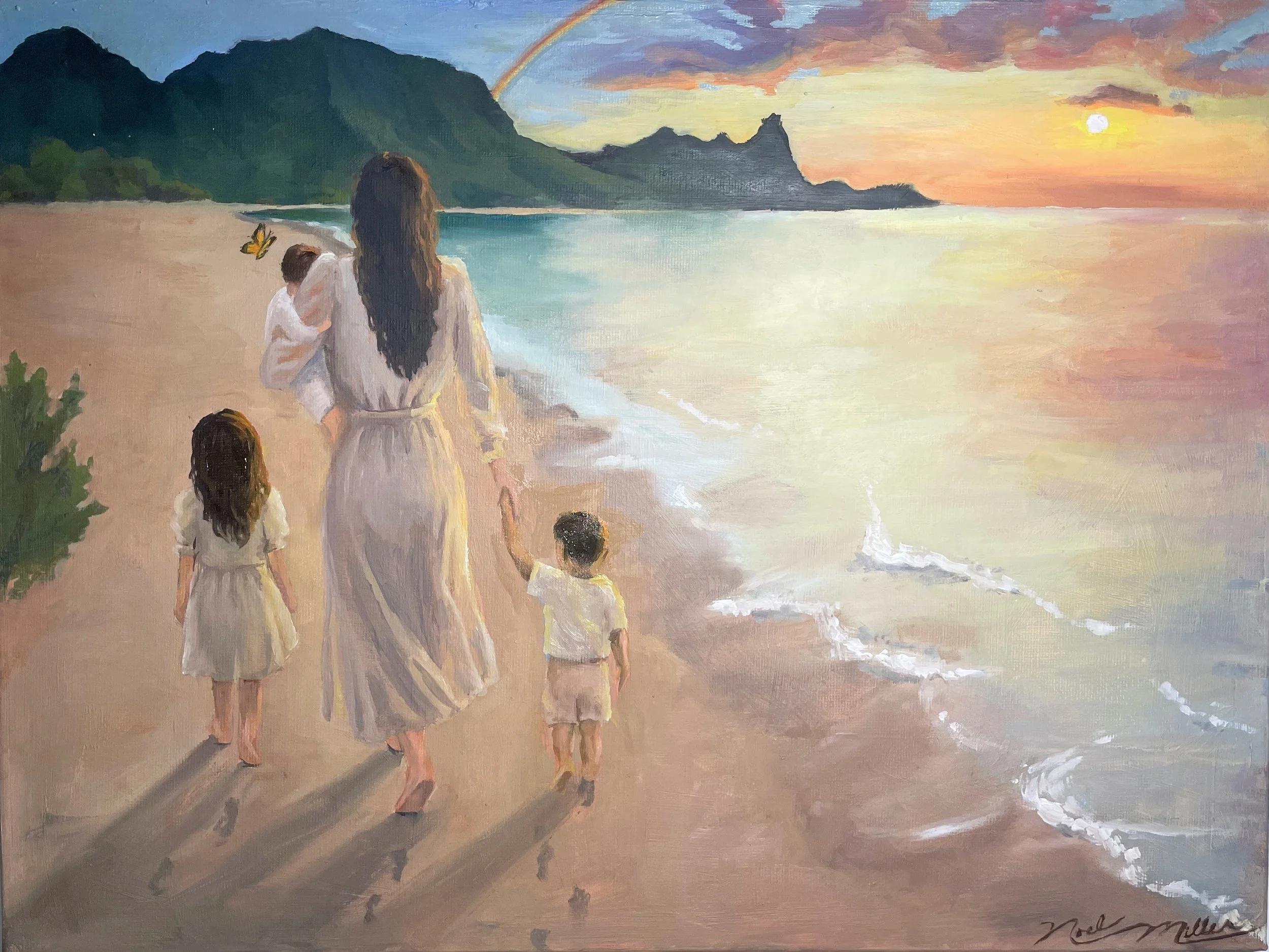 A painting of a woman and three children walking along a beach at sunset. The woman has long dark hair and is wearing a light-colored dress. The children are also dressed in light clothing. The sky is filled with colorful clouds and a setting sun, wi