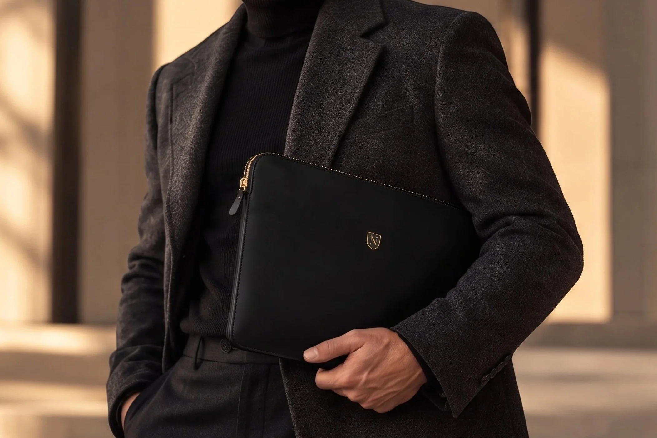 A man with gray hair and a beard wearing a black turtleneck and a dark blazer.
