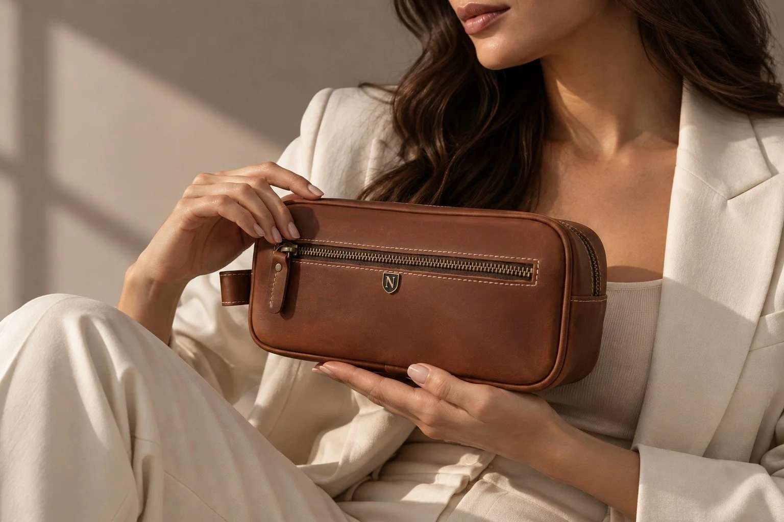 Woman in a cream-colored suit holding a brown leather bag with a front zipper pocket and a small shield-shaped logo.