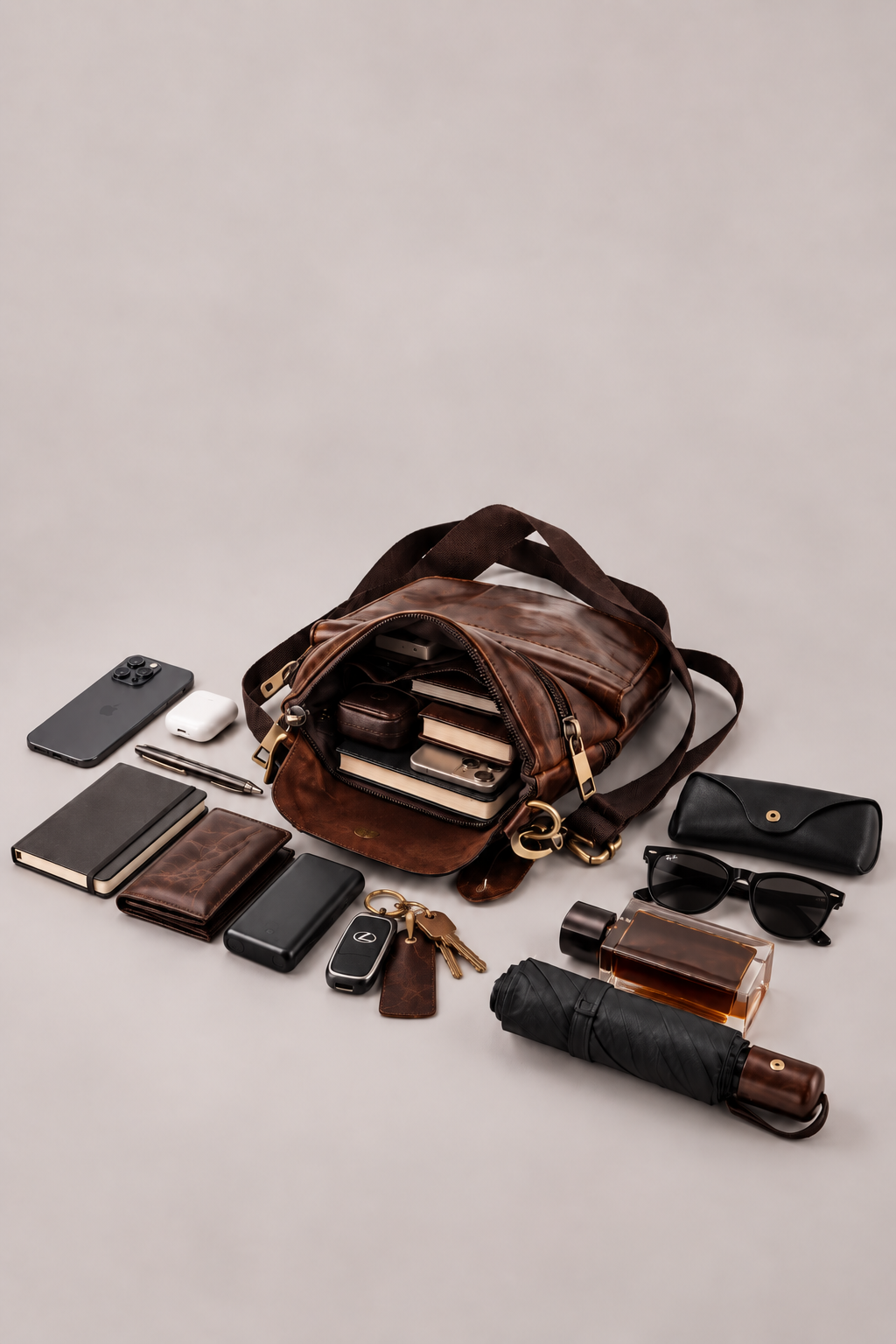 Leather Messenger Bag Essentials flat lay.png
