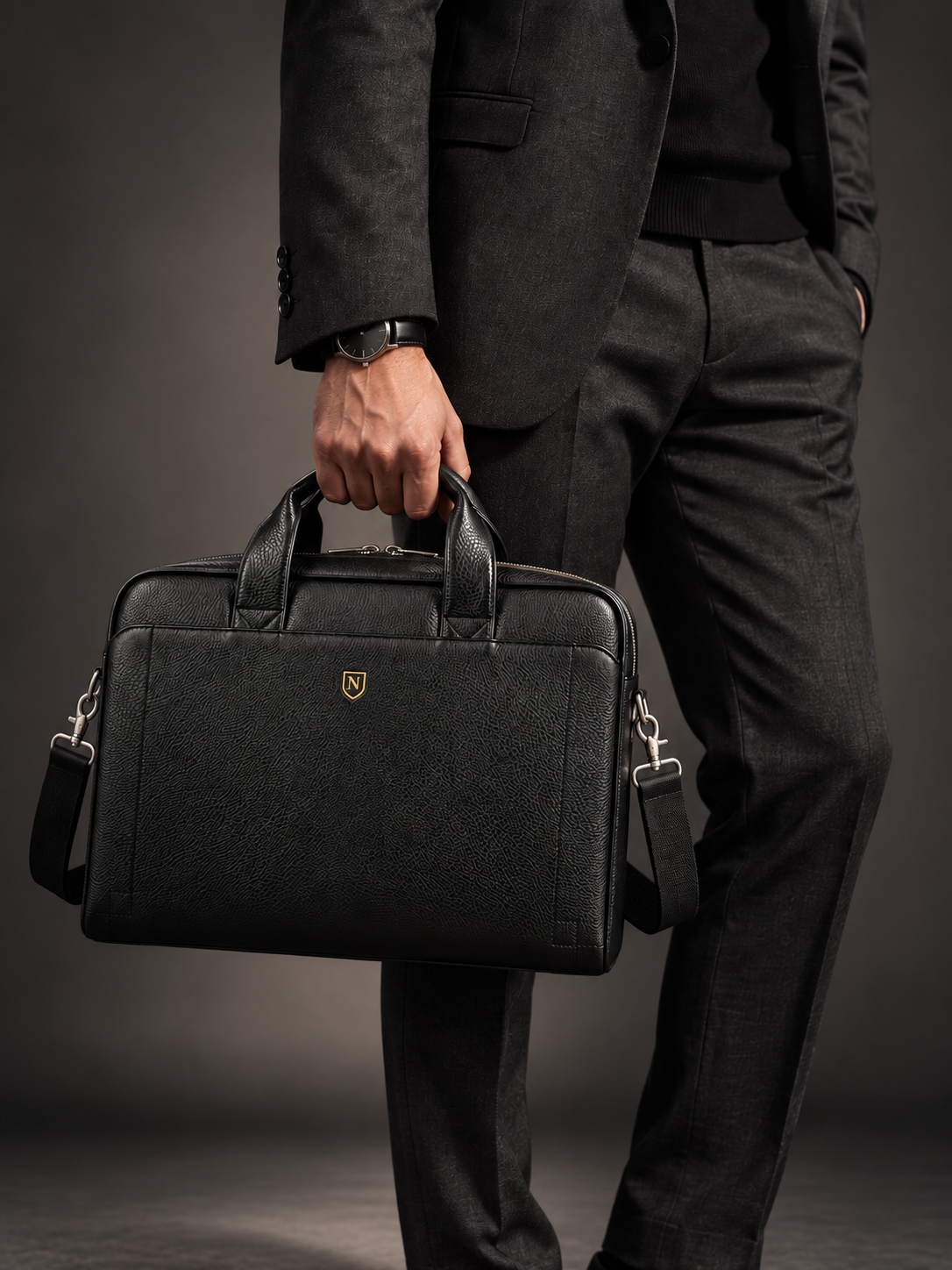 Man in a black suit holding a black leather briefcase.