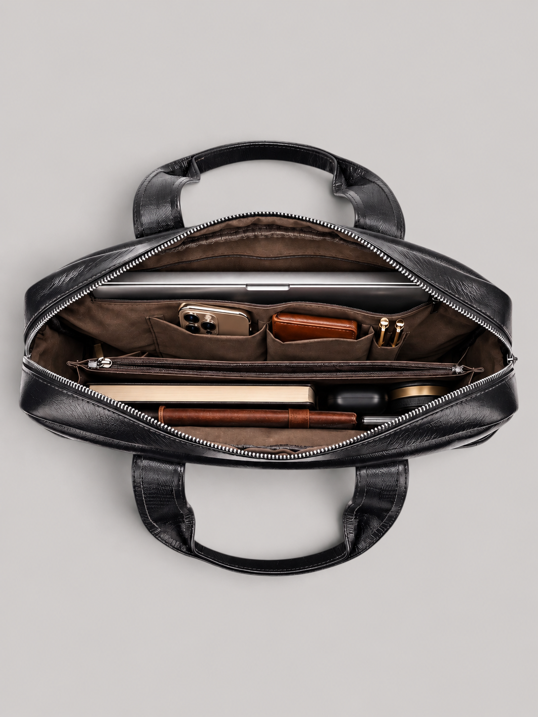 Open Black Leather Briefcase Organizer.png