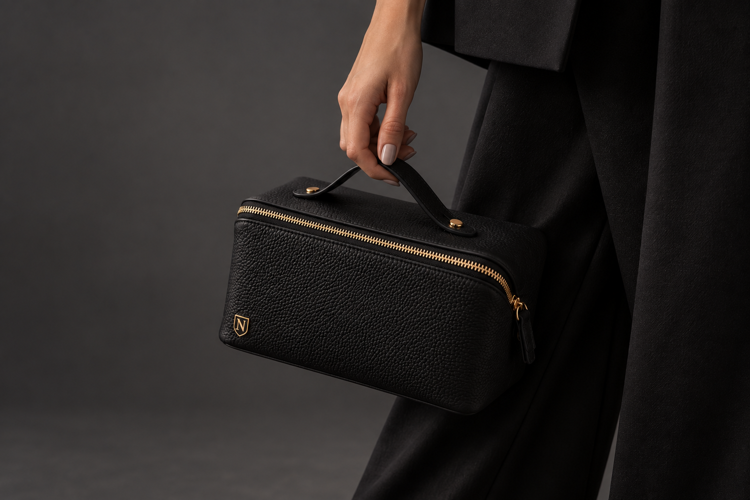 A person holding a small black textured leather handbag with a gold zipper and a gold logo in front of a dark gray background.