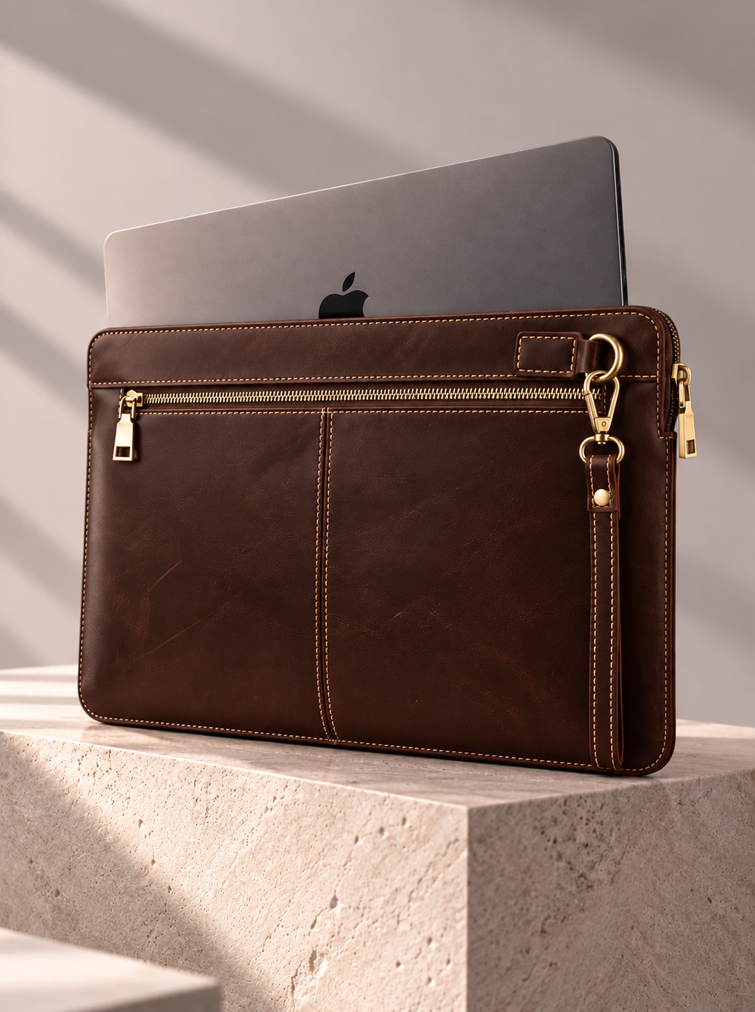 Luxury Leather Laptop Sleeve on Stone Pedestal.png
