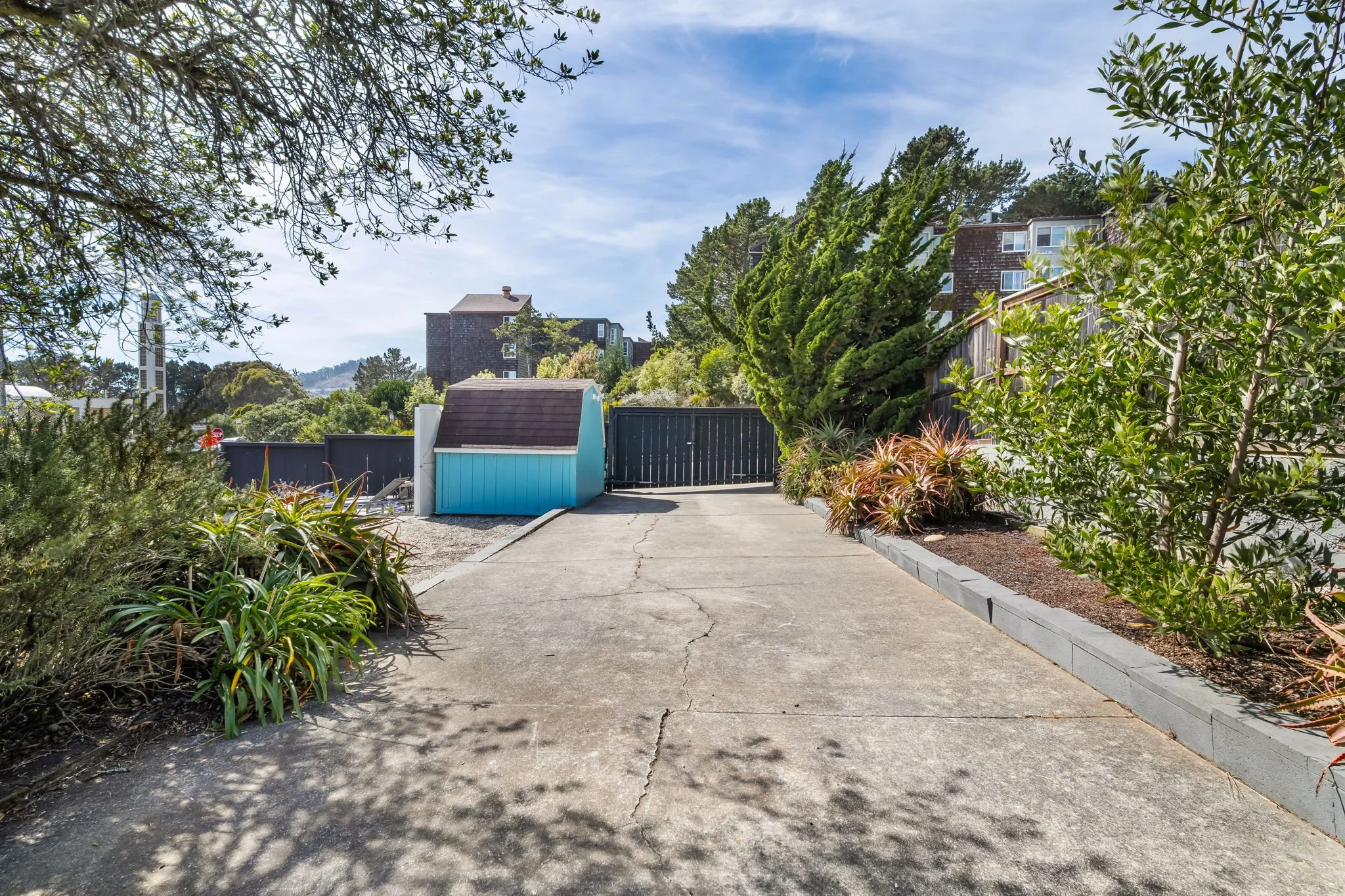 A paved backyard pathway bordered by lush green plants and trees, with residential buildings and a blue shed in the background under a partly cloudy sky.