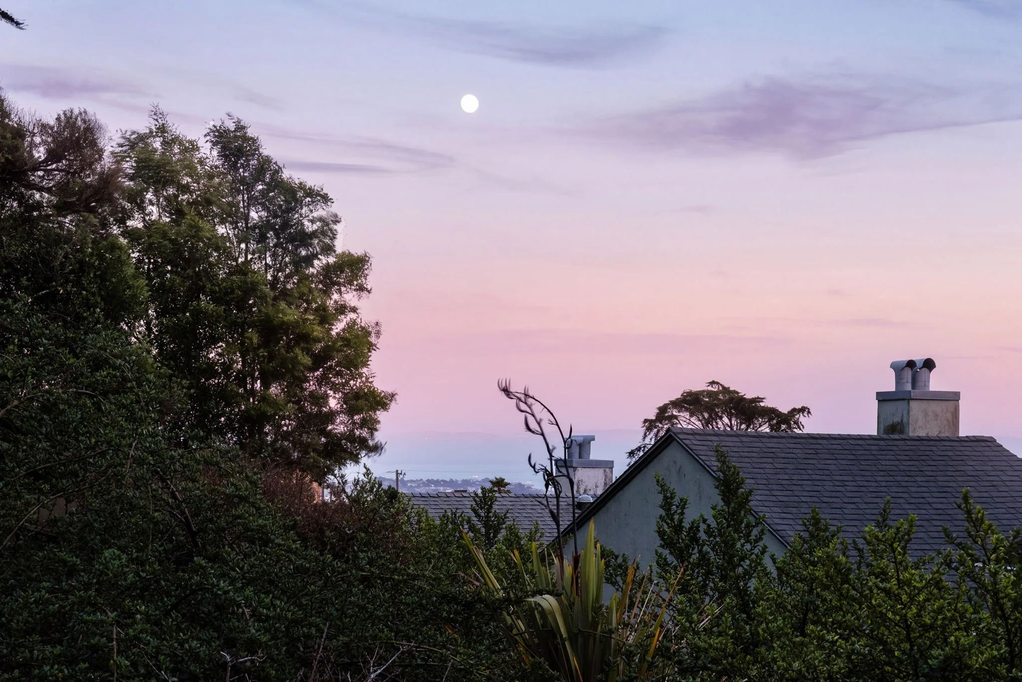 A peaceful evening sky with a full moon, partly cloudy, over trees, rooftops, and chimneys in a suburban neighborhood.