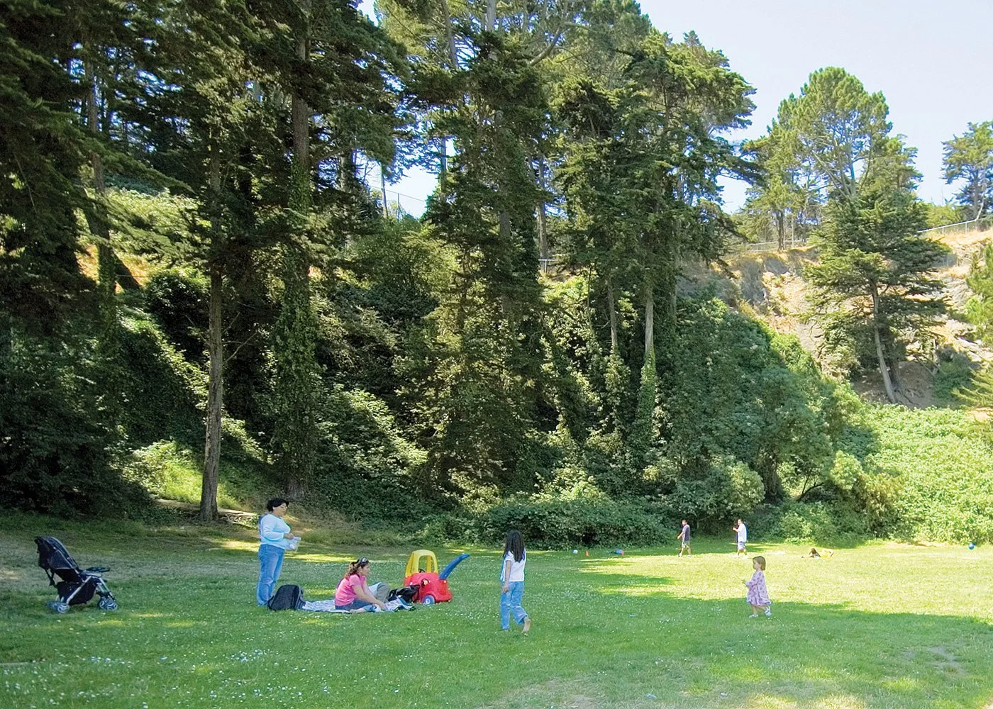 People, including children, enjoying a sunny day at a grassy park surrounded by tall trees, with some engaging in activities and a stroller and toys on the grass.