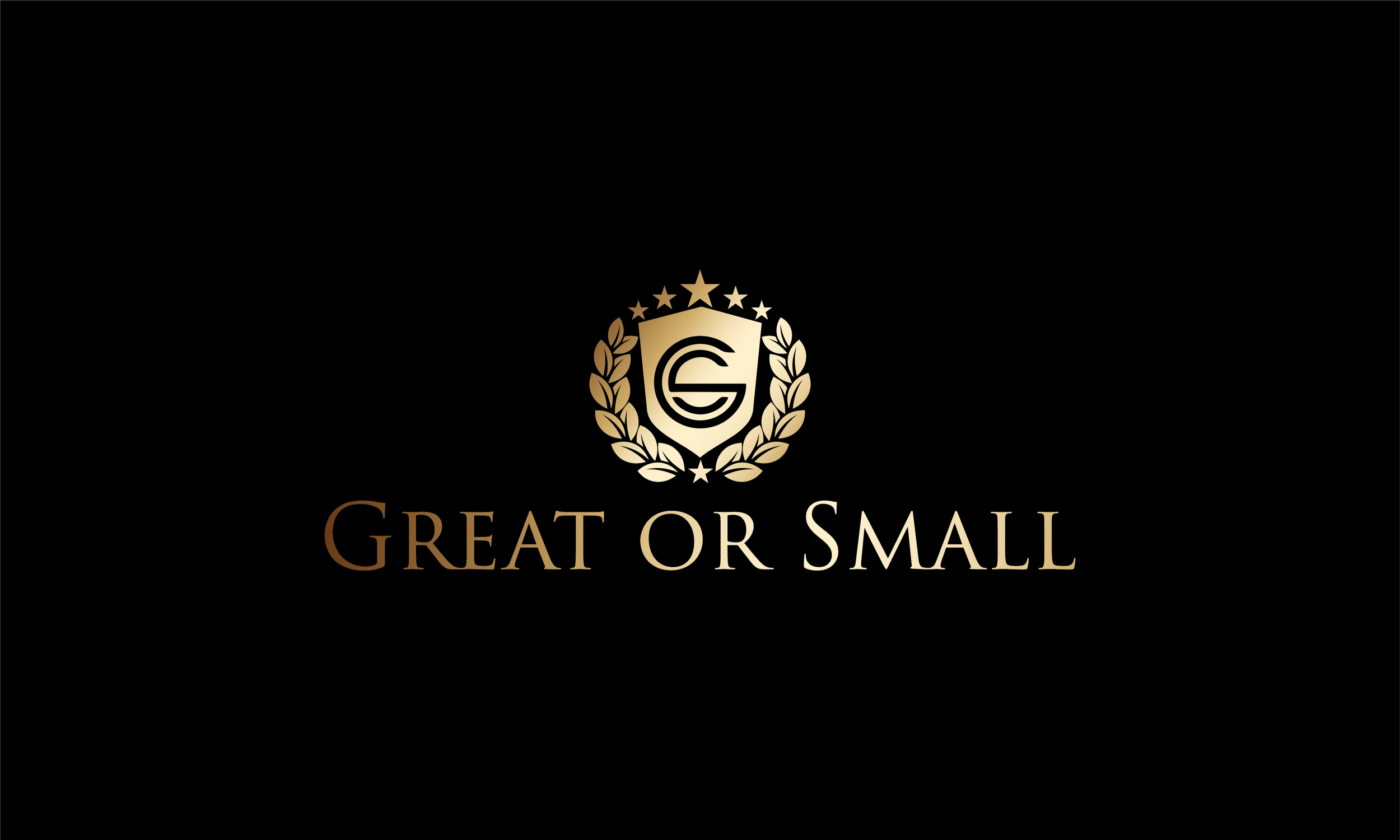 Gold crest logo with stars and laurel branches above the words “GREAT OR SMALL” on a black background
