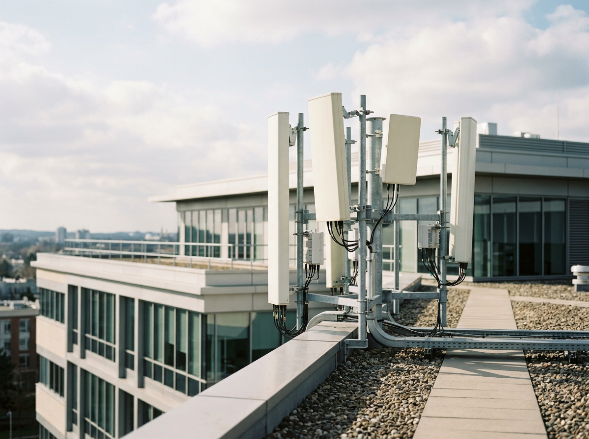 Telecommunication antennas installed on the rooftop of a modern building.