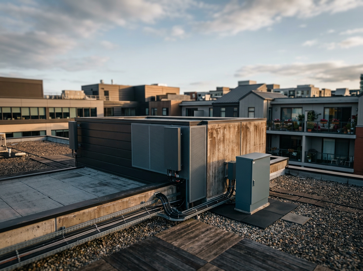 Rooftop with HVAC equipment, electrical box, and surrounding residential buildings under a partly cloudy sky.