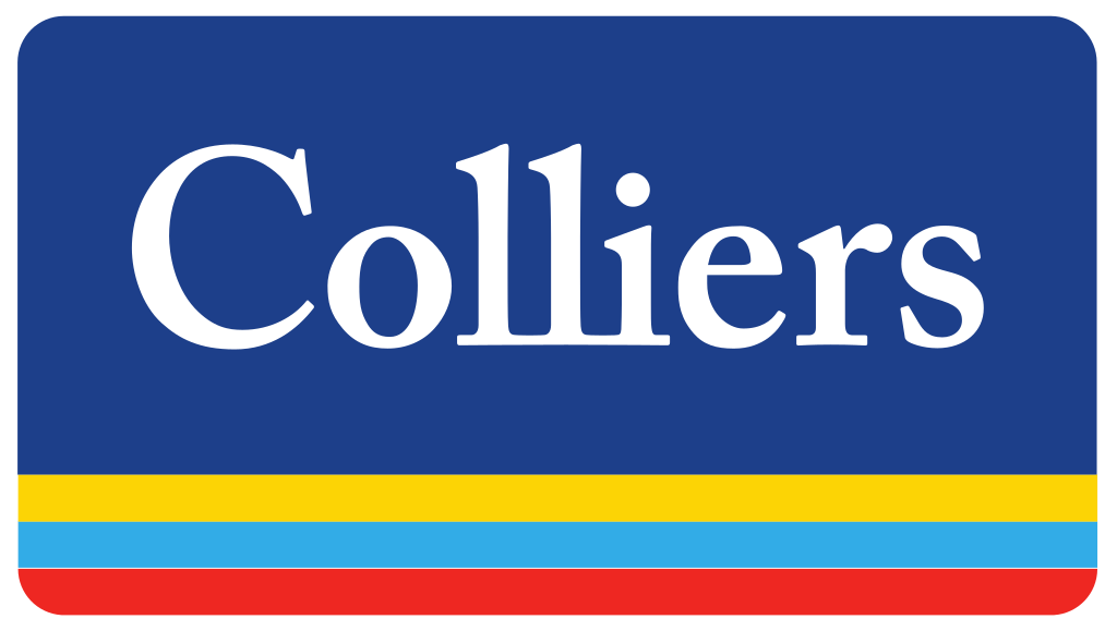 Blue rectangular sign with the word 'Colliers' in white text and a multicolored stripe pattern running along the bottom edge.