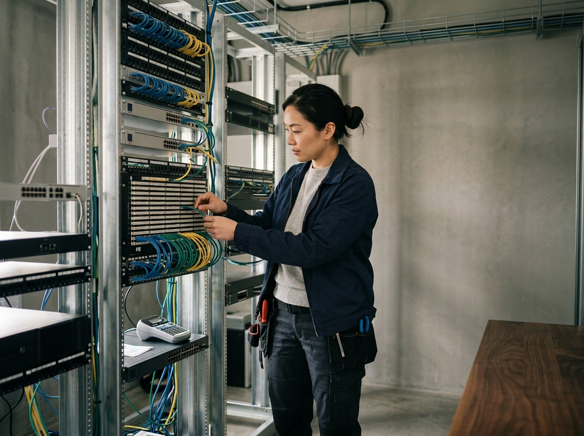 A woman working on networking equipment in a server room, adjusting cables on a server rack with various switches and cables.