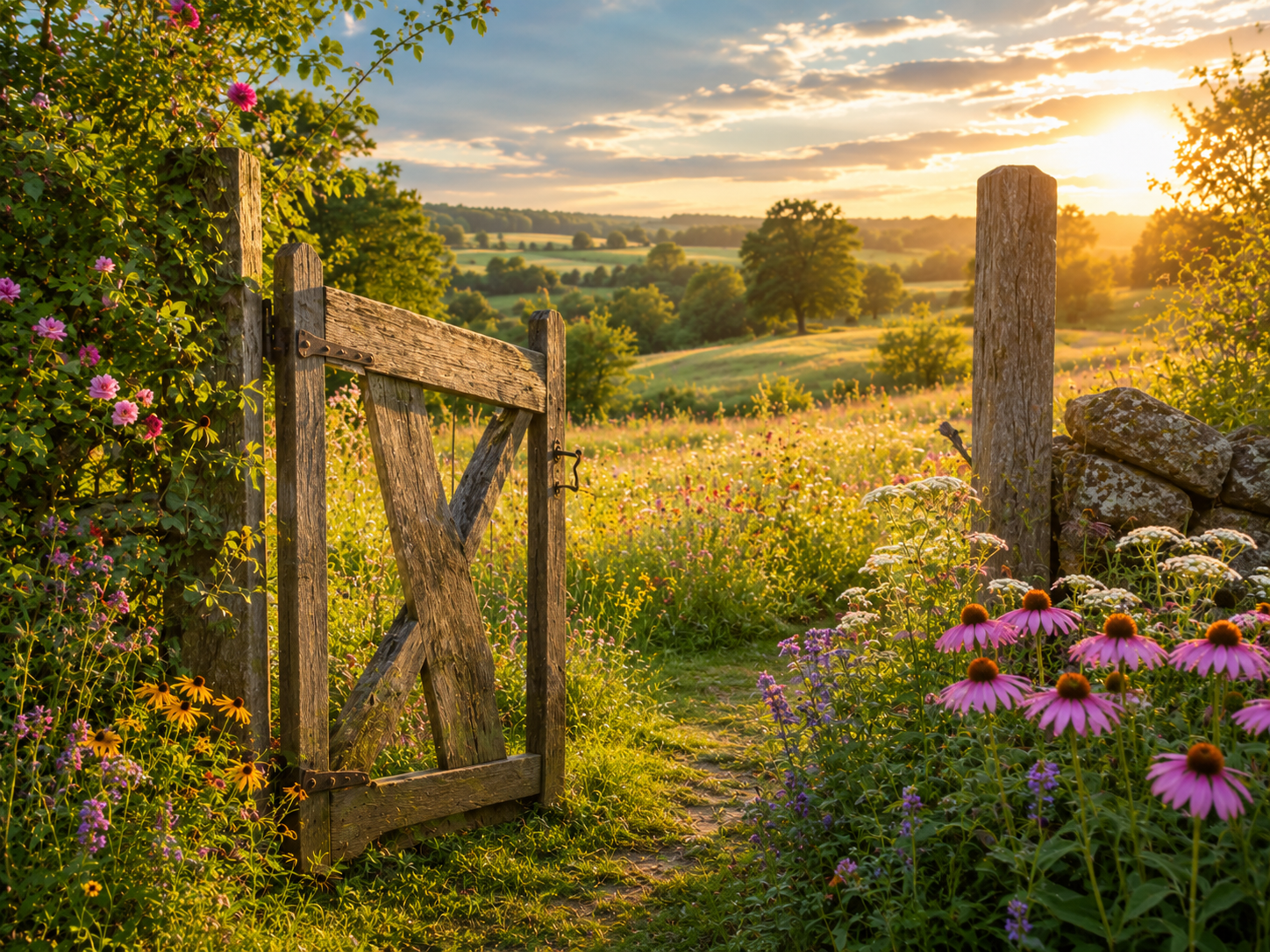 A rustic wooden gate opens onto a lush, flower-filled meadow at sunset with rolling hills and trees in the background.