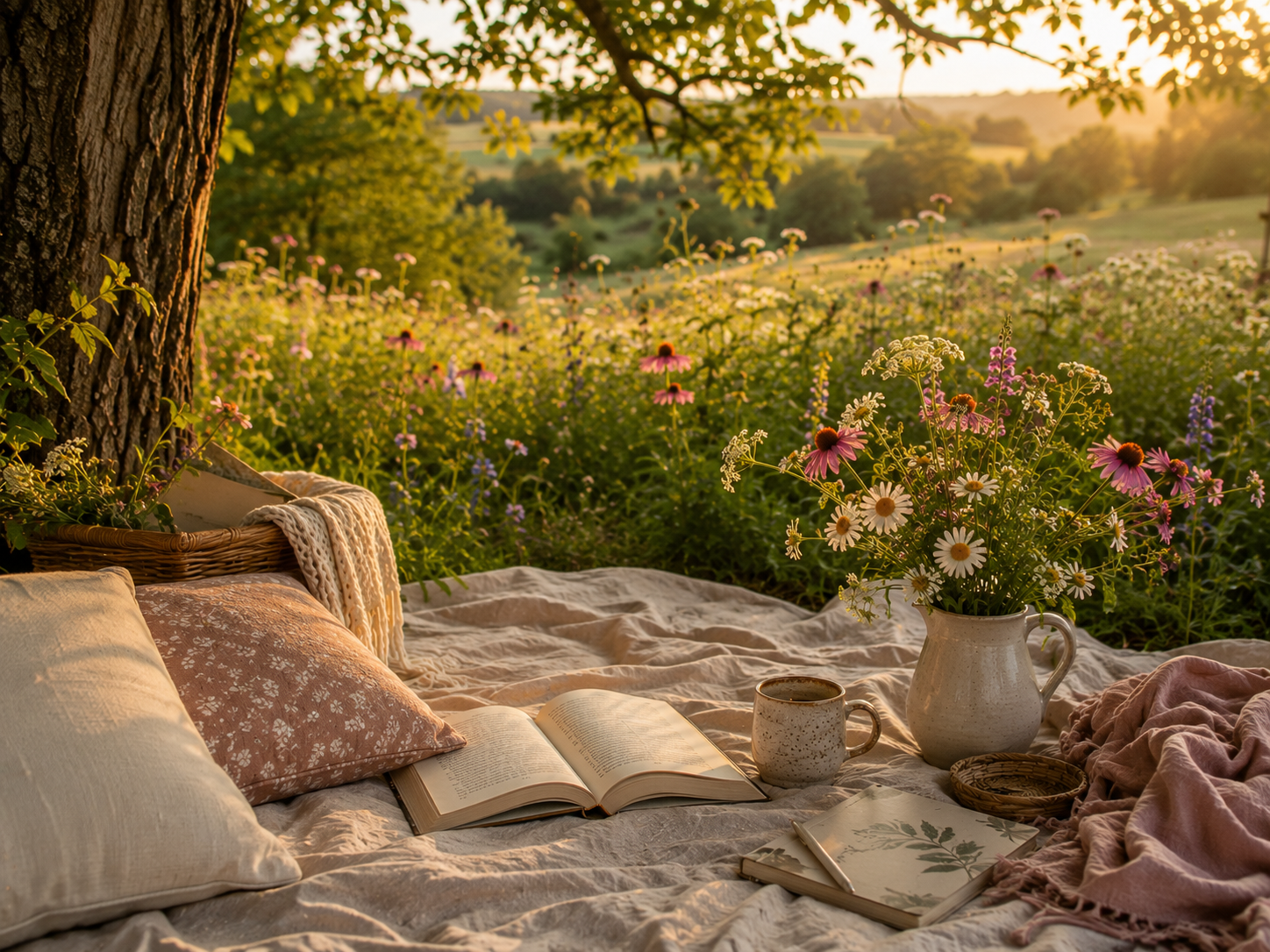 A cozy outdoor picnic setup on a blanket under a tree with a view of a field of flowers and trees at sunset. There is an open book, a ceramic mug, a large vase of flowers, a notebook, and some pillows and blankets.