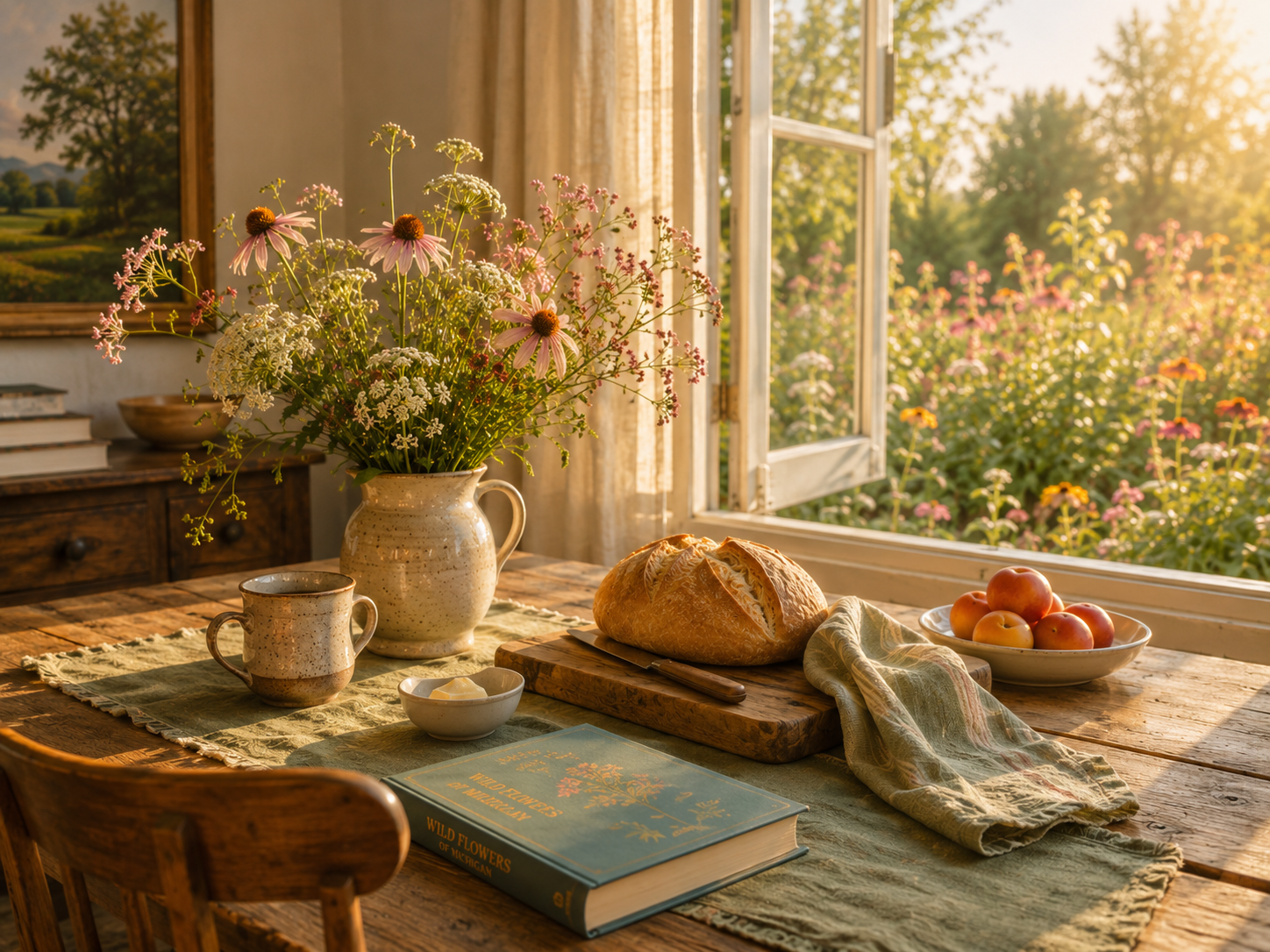 Sunlit rustic kitchen table with a vase of wildflowers, a loaf of bread, a bowl of apples, a mug, a small bowl of butter, a book titled 'Wild Flowers of America,' and an open window showing a garden with flowers and trees.