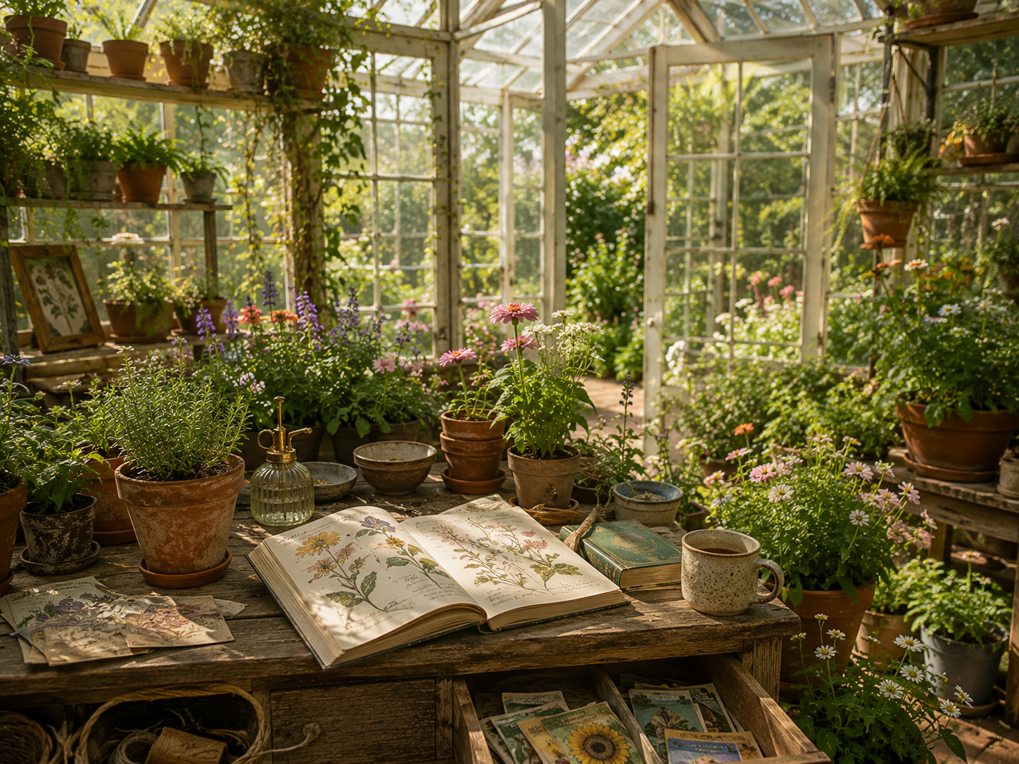 A greenhouse filled with potted flowers and plants, with gardening books and gardening tools on a rustic wooden table illuminated by sunlight.