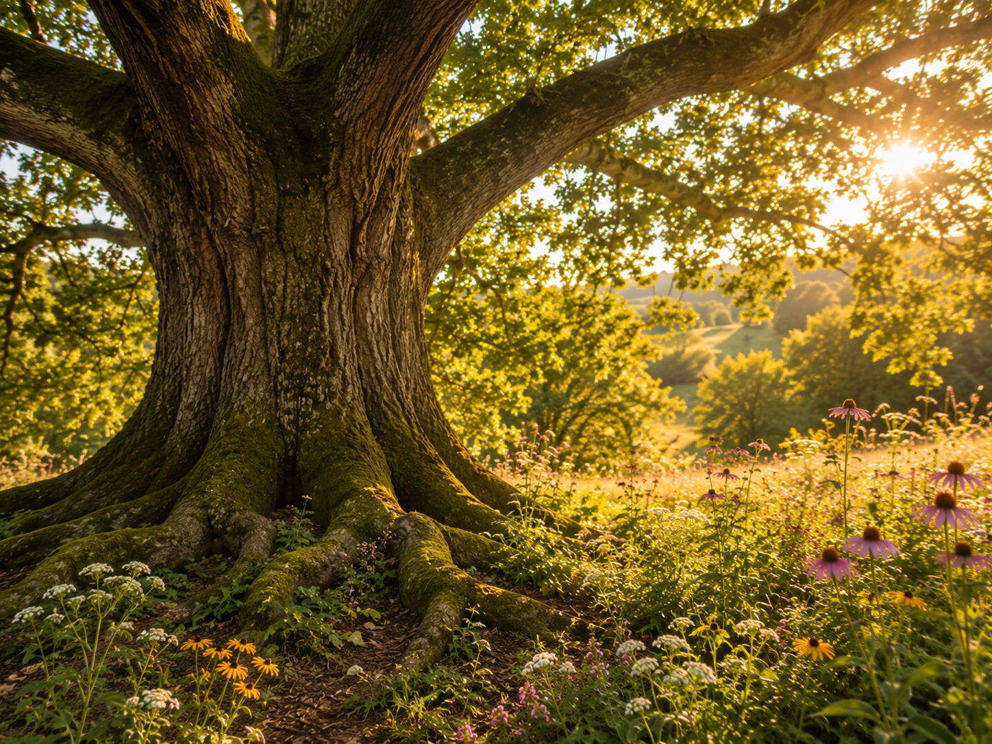 Large tree with thick trunk and sprawling roots in a field of wildflowers at sunset.